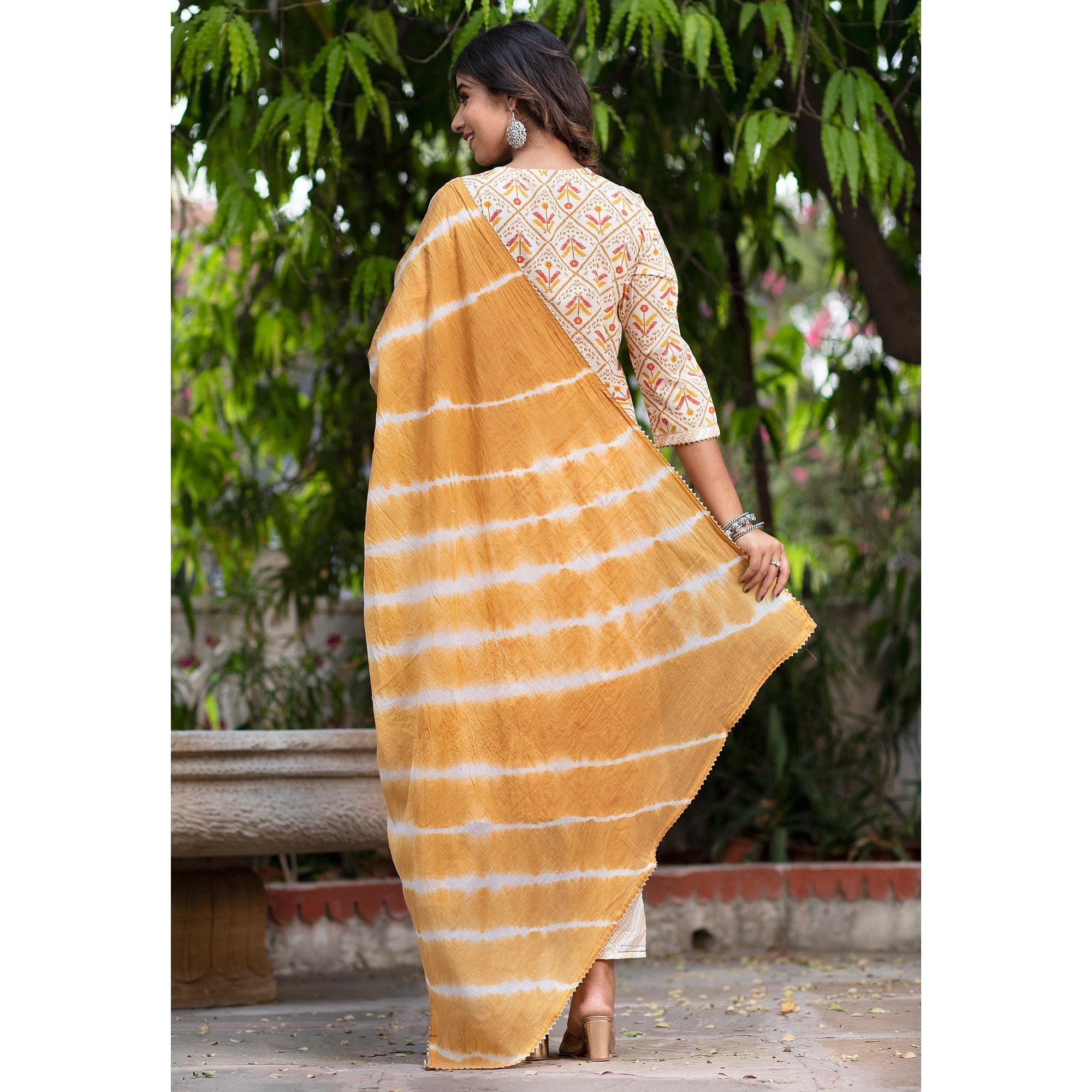 Peachmode Cream Floral Printed Pure Cotton Kurti Pant Set With Dupatta - view 8