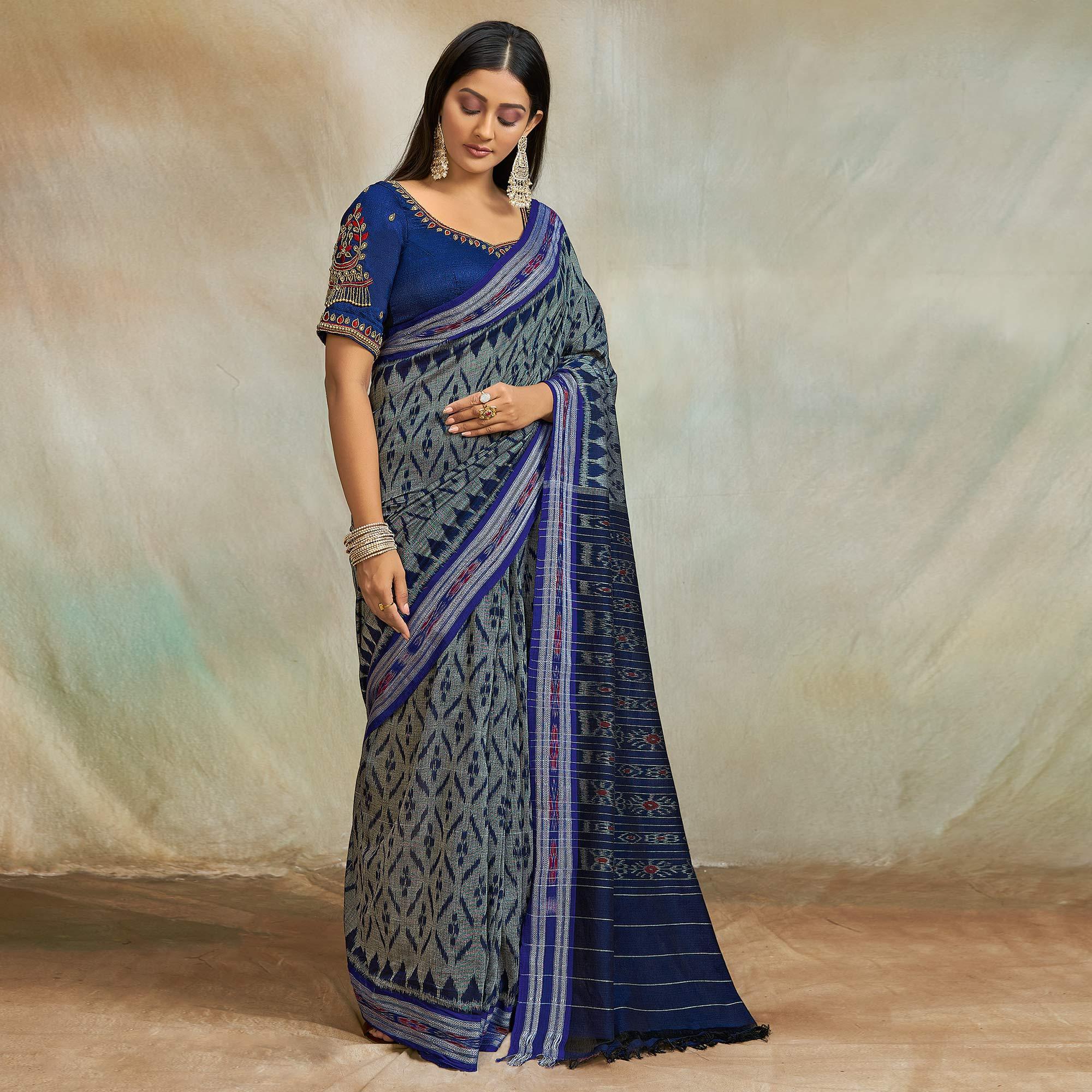 Peachmode Grey-Blue Casual Wear Ikkat Printed Mul Mul Cotton Saree
