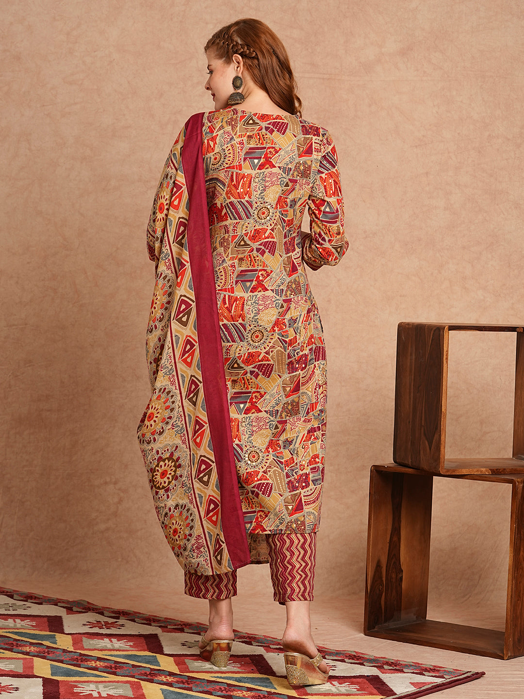 FASHOR Ethnic Foil Printed & Embroidered Straight Kurta with Pant & Dupatta - Maroon - view 6