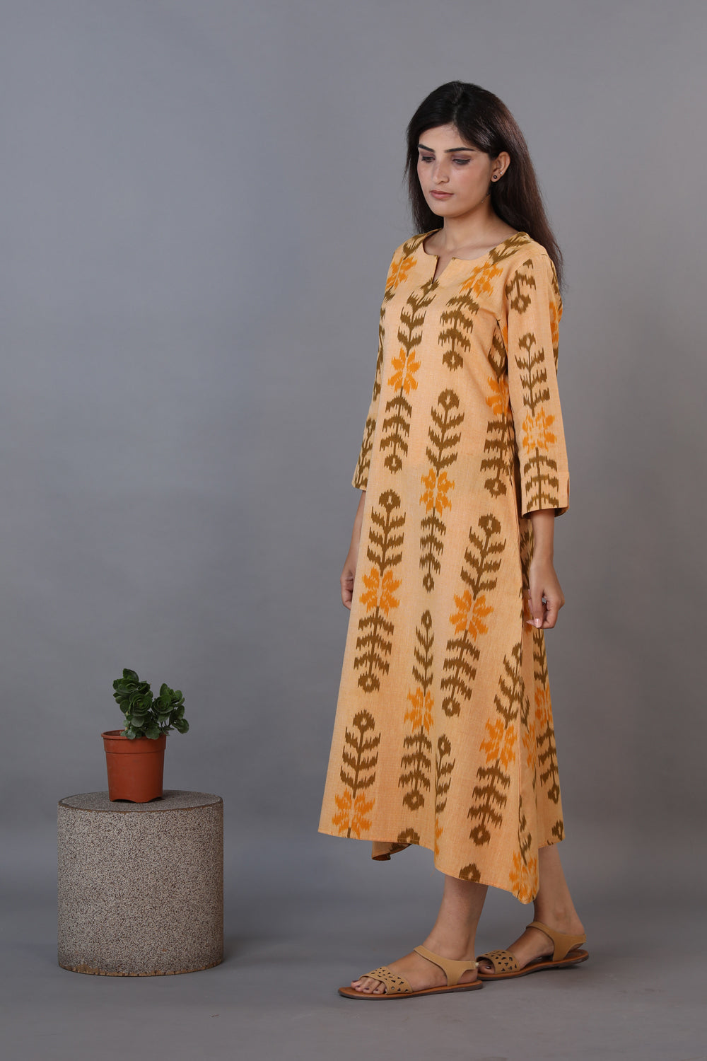 Kalanjali Ethnics Honey beige hand woven cotton Ikat kurti - view 3
