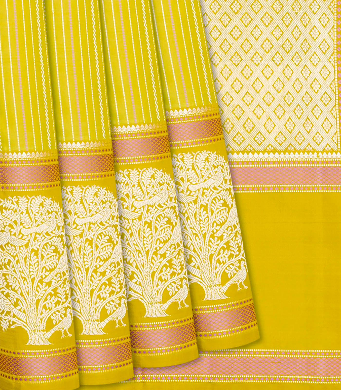 RmKV Mustard Handloom Kanchipuram Silk Saree With Veldari Stripes-Mustard