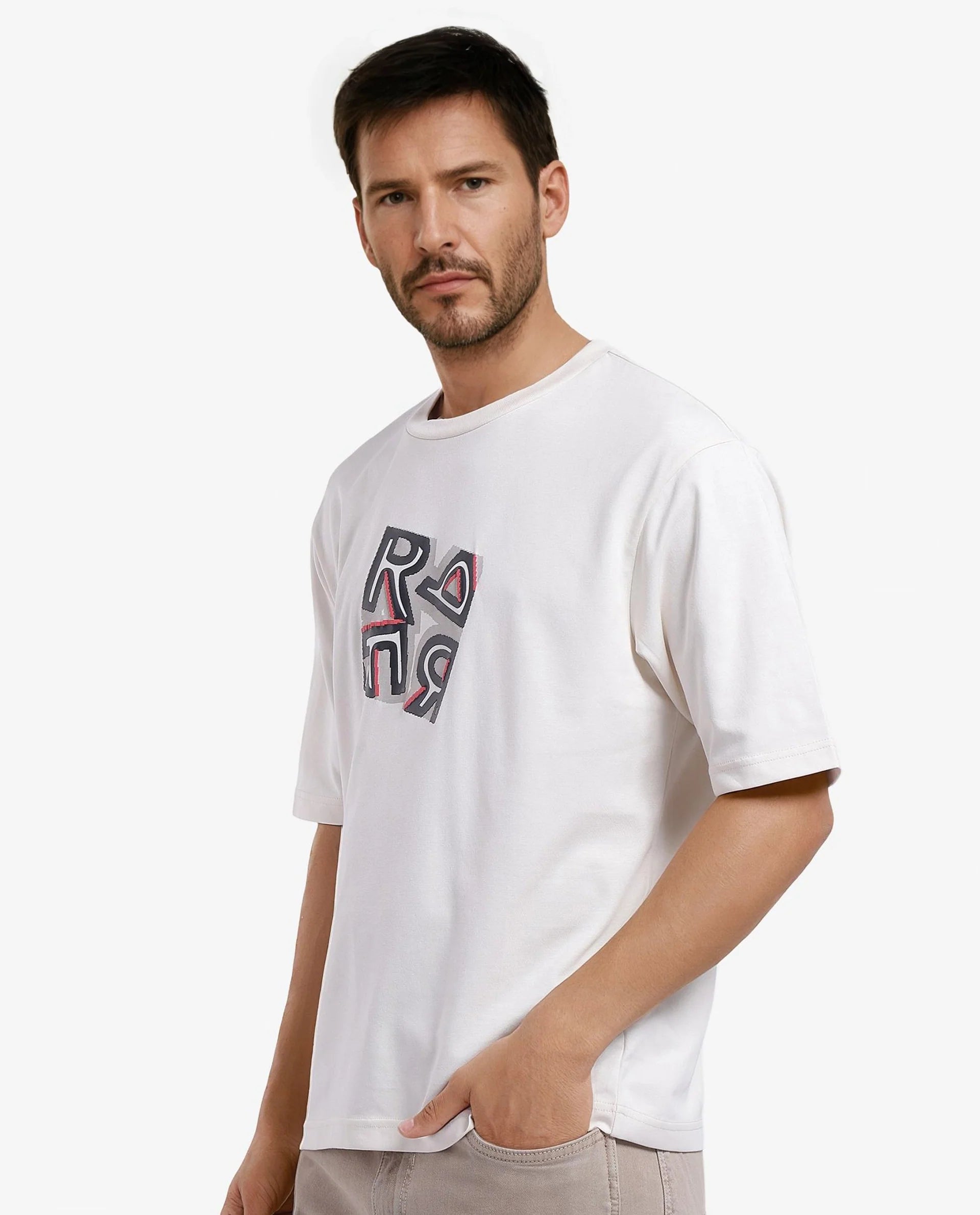 Rare Rabbit Men Reat Off White Cotton Polyester Fabric Short Sleeve Crew Neck Boxy Fit Printed T-Shirt - view 3
