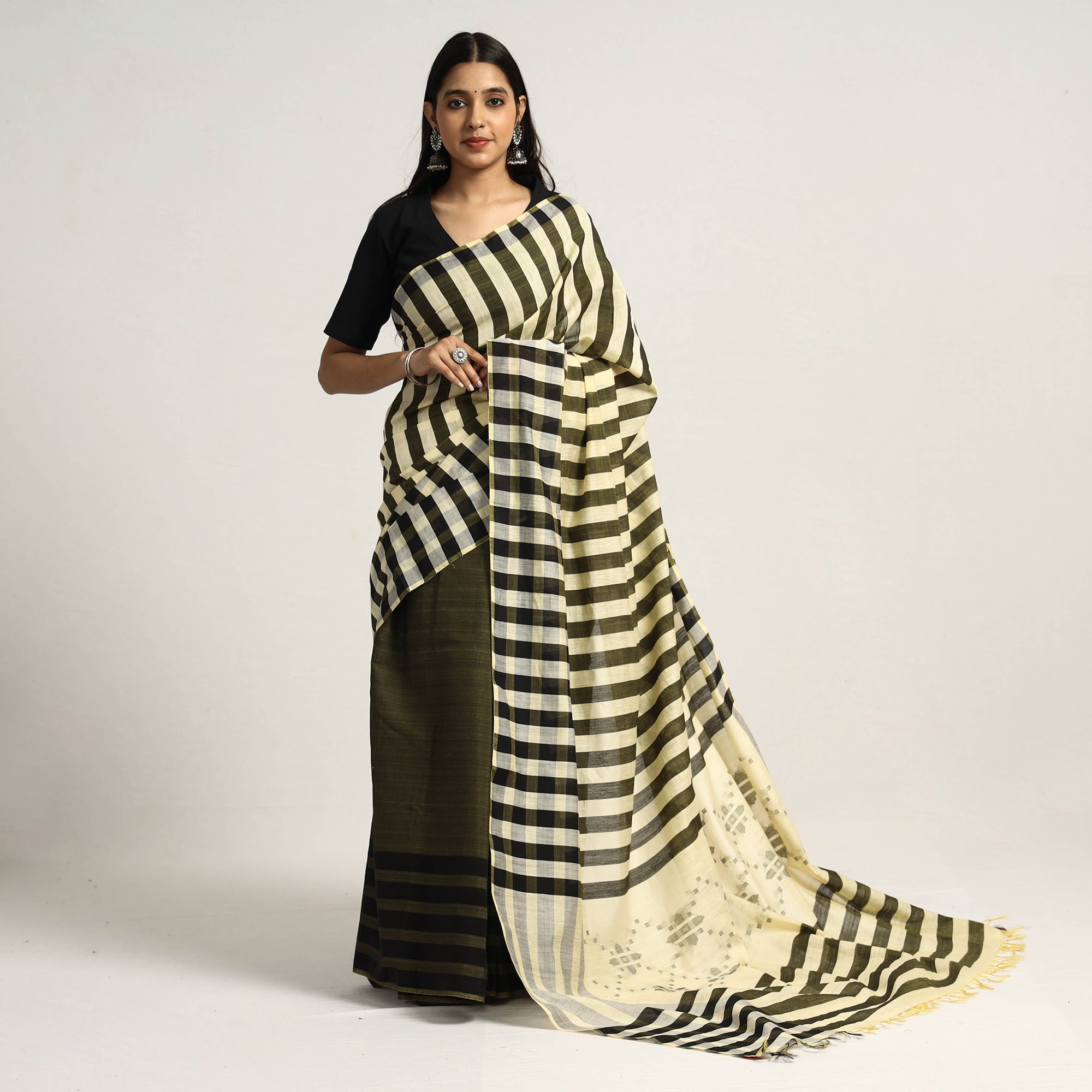 BUN.KAR BIHAR BY SRIJANI FOUNDATION Brown - Black & Light Yellow Mulberry Silk Saree with Plain Olive Green Body