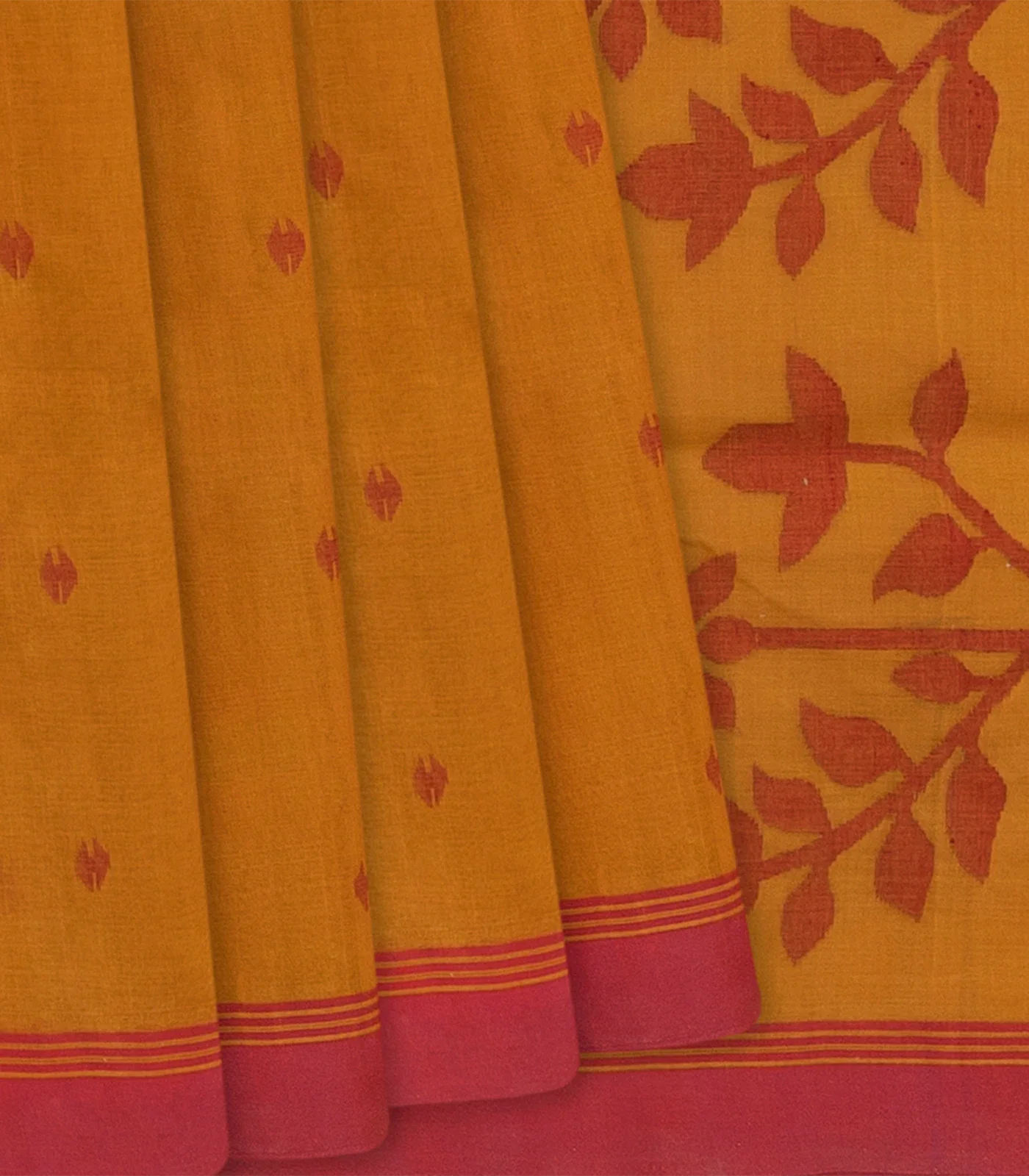 RmKV Mustard Handloom Dhakai Cotton Saree With Floral Pallu-Mustard