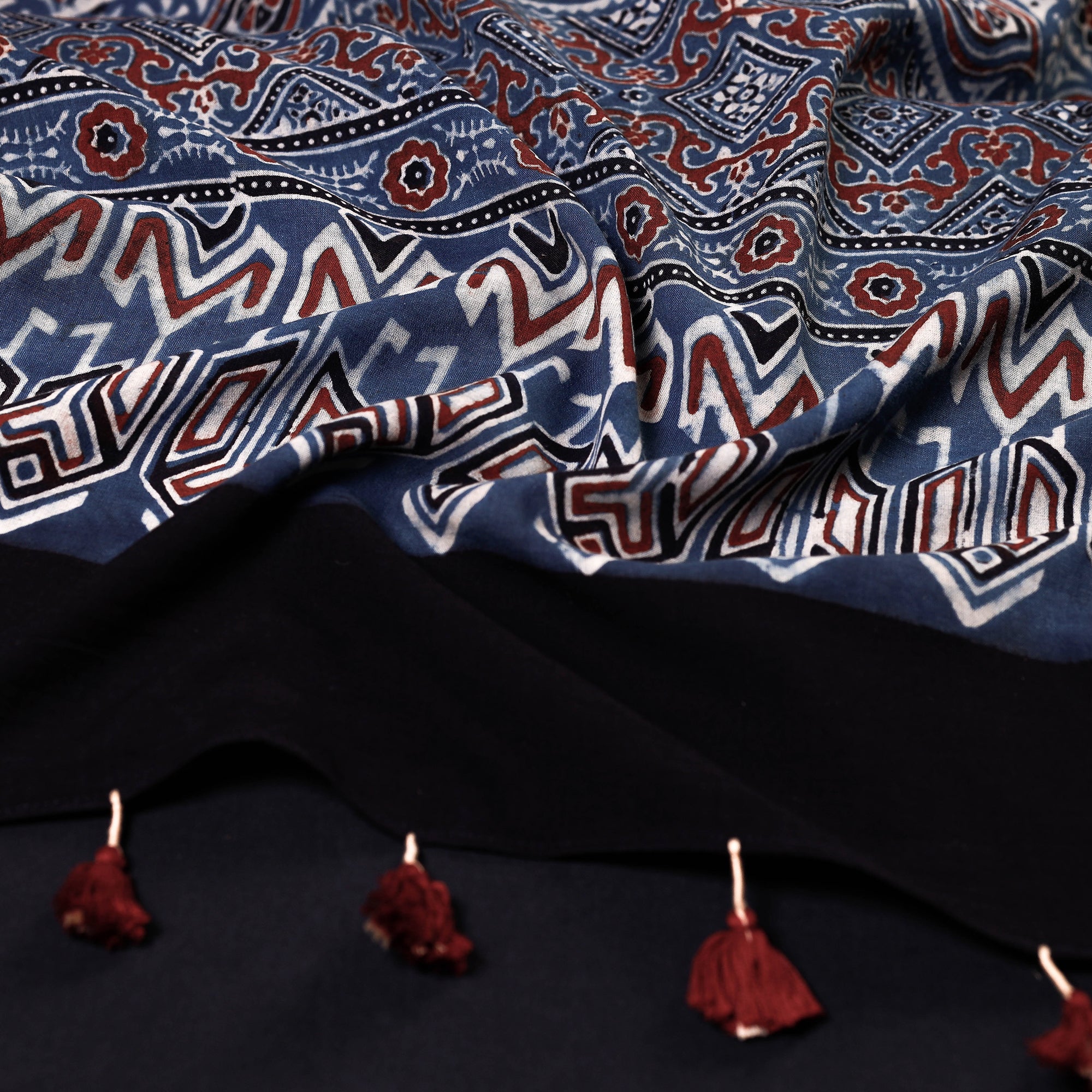 RIYAZ ABDULMAJID KHATRI - AJRAKH Blue - Ajrakh Block Printed Mul Cotton Stole with Tassels - view 2