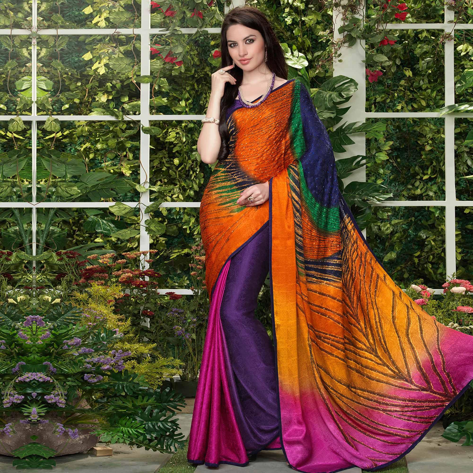 Peachmode Lovely Multi Colored Party Wear Printed Silk Crepe Saree