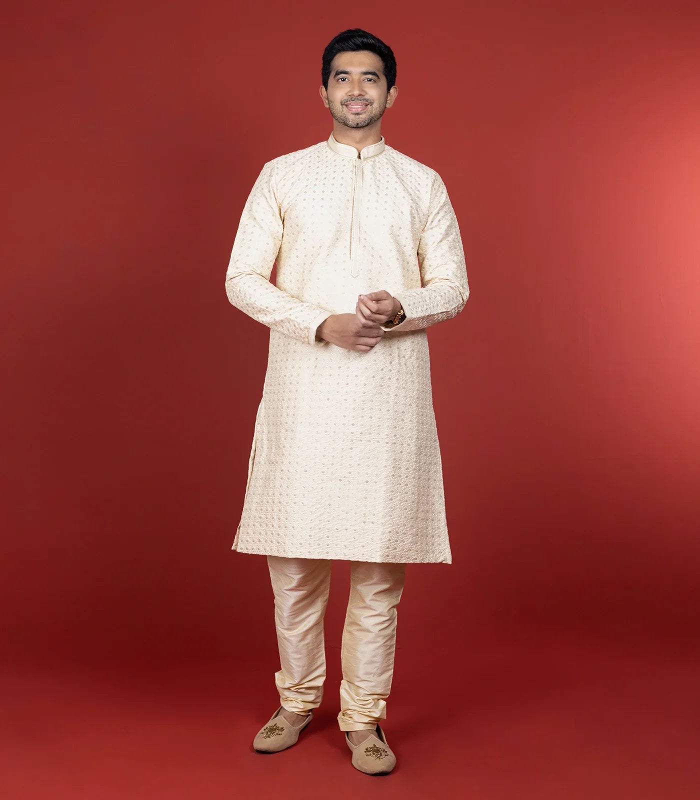 RmKV Cream Kurta With Sequin Embellishment And Gold Chudidar-Cream