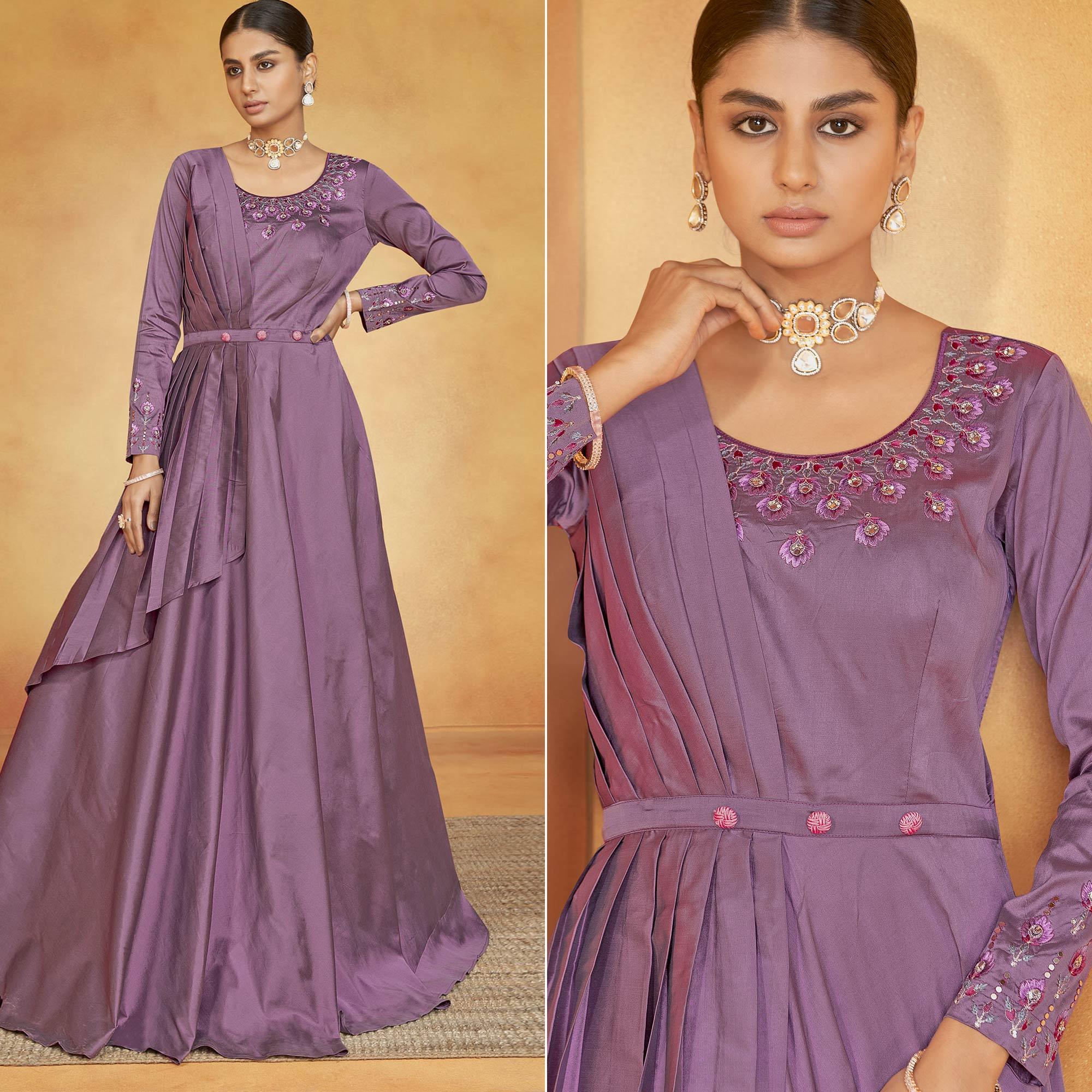 Peachmode Seller Mauve Party Wear Embroidered Tapetta Gown