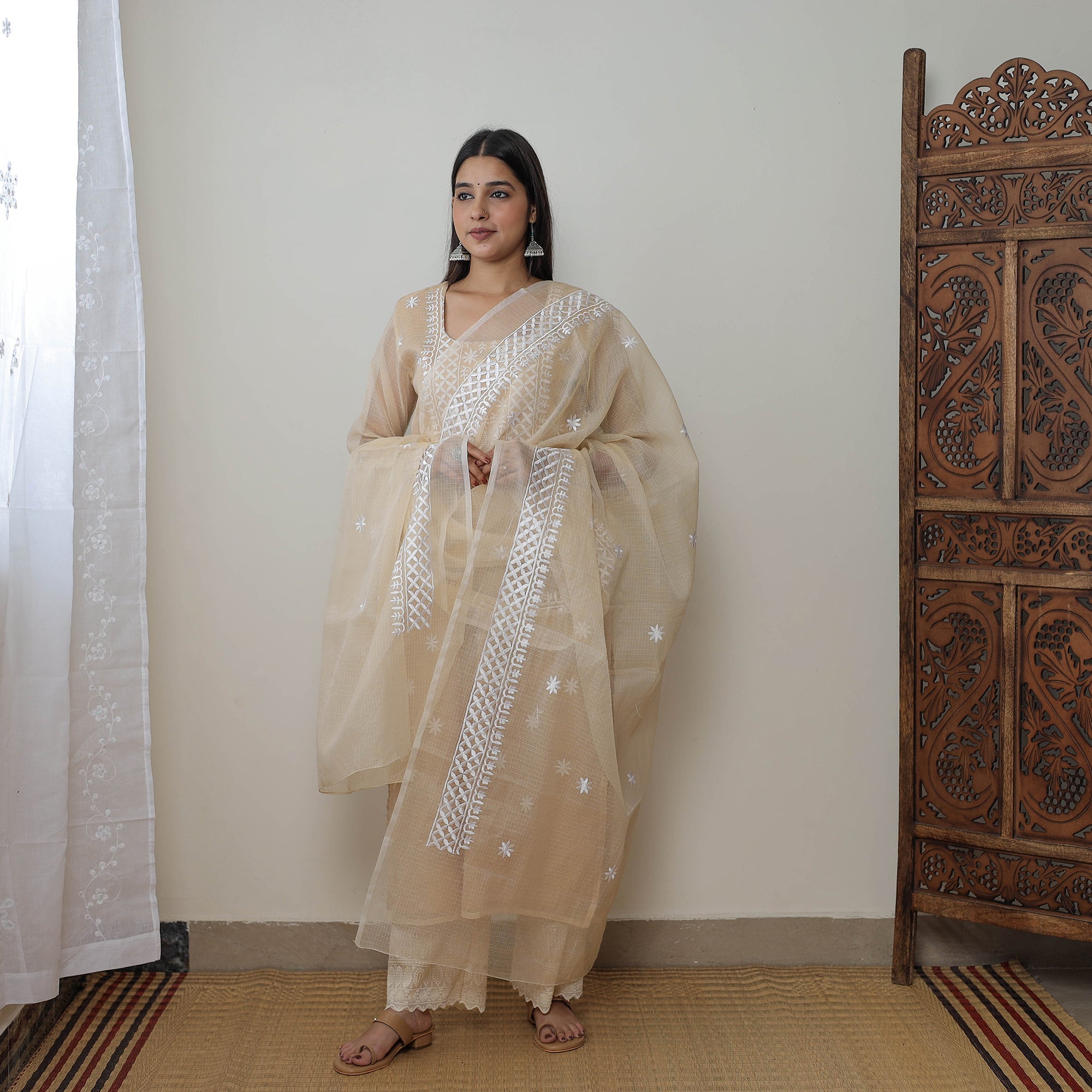 ITOKRI CASUALS Beige - Kota Doria Cotton Embroidery Kurta Suit Set 10 - view 3