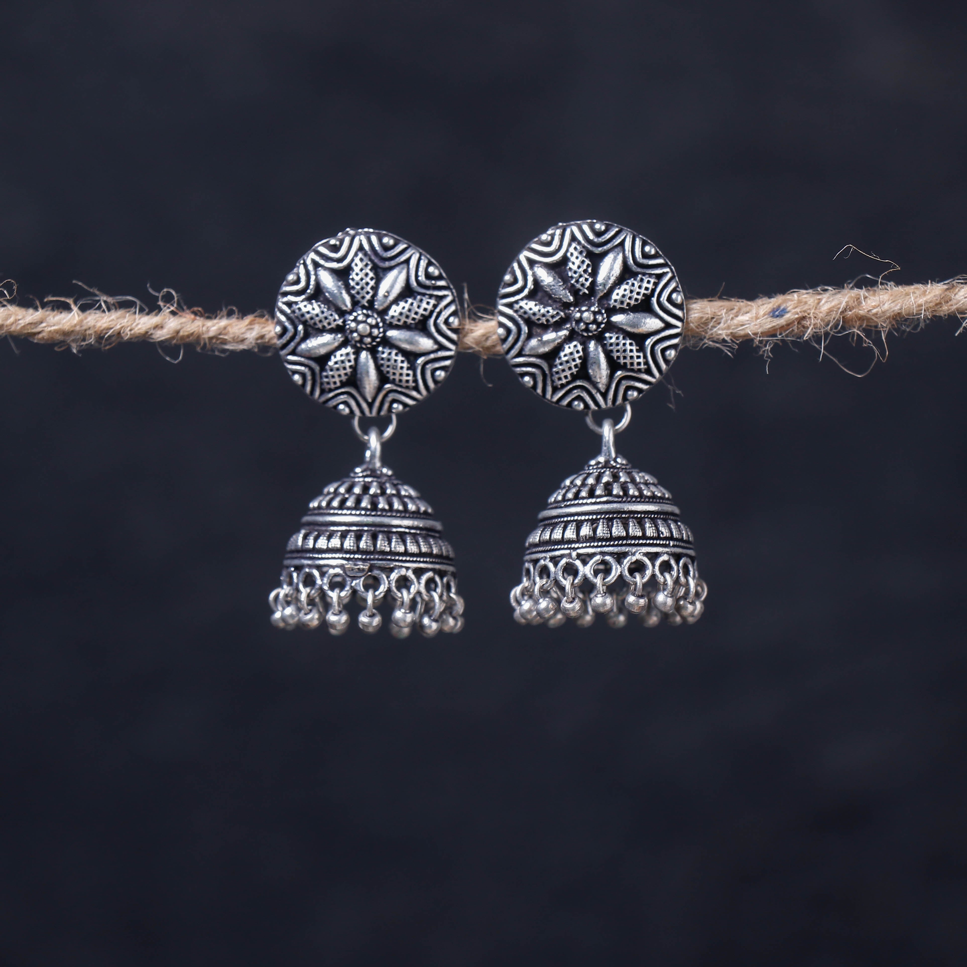 WHITE RIVER STORIES Antique Silver Finish Oxidised Brass Base Jhumka Earrings