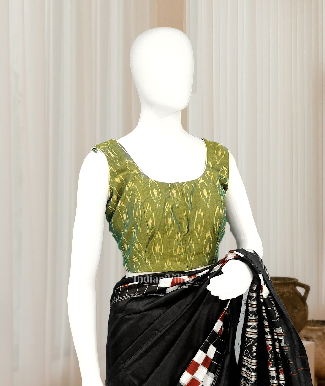 IndianVillèz Mehendi Green Dual Tone Pochampally Ikkat sico cotton blouse
