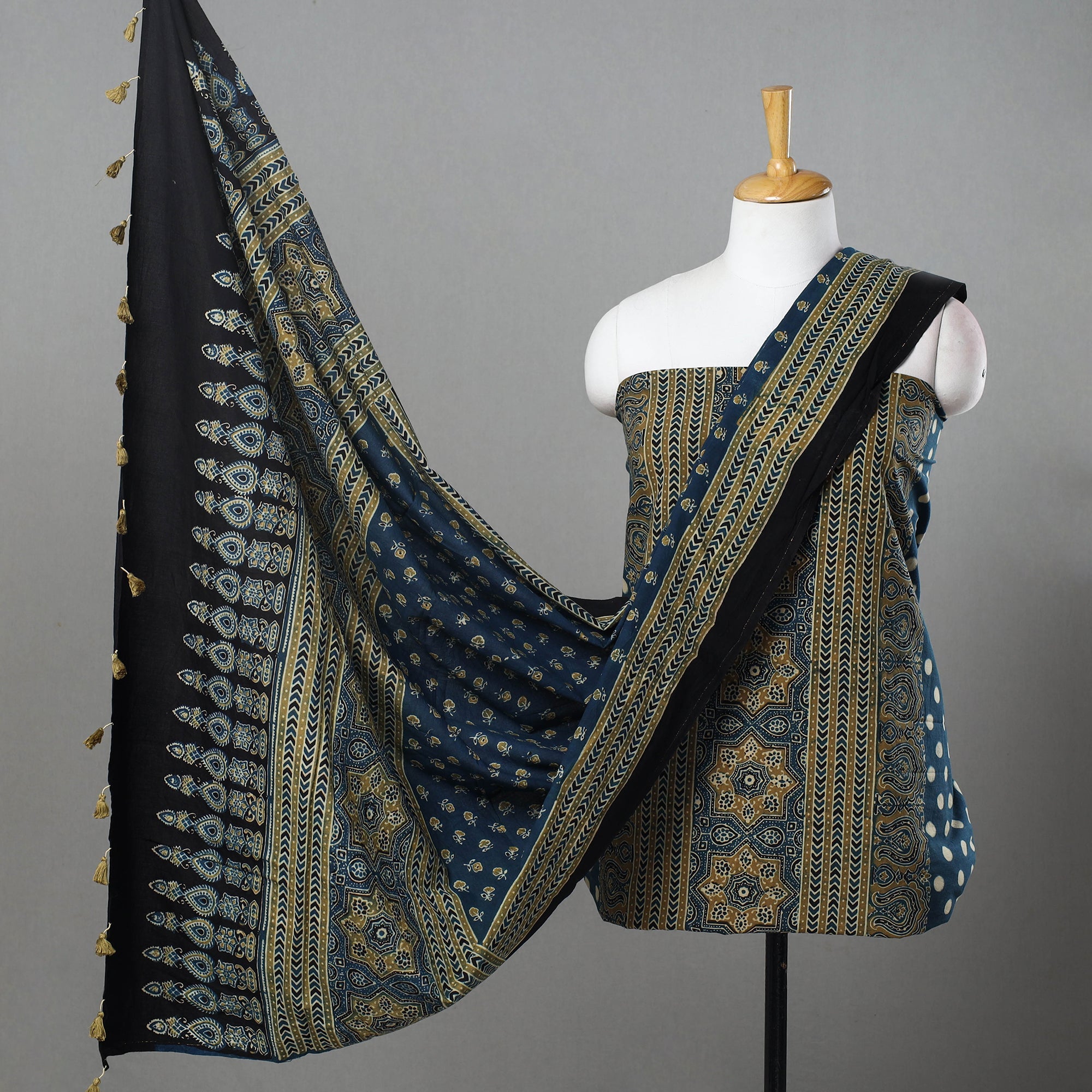 AJRAKH BY SUFIYAN ISMAIL KHATRI Blue - Hand Block Print Cotton 3pc Ajrakh Dress Material 09