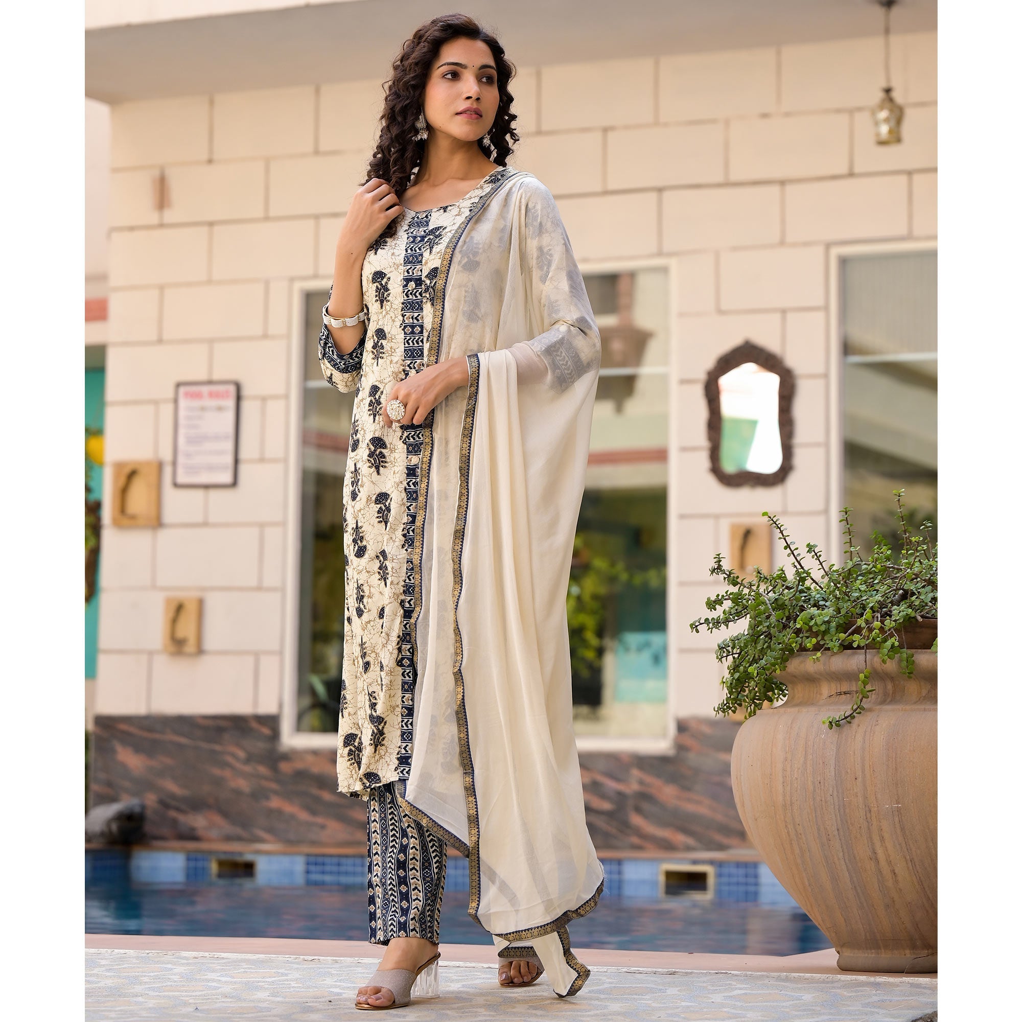 Peachmode Chikoo & Navy Blue Floral Foil Printed Rayon A-Line Salwar Suit - view 4