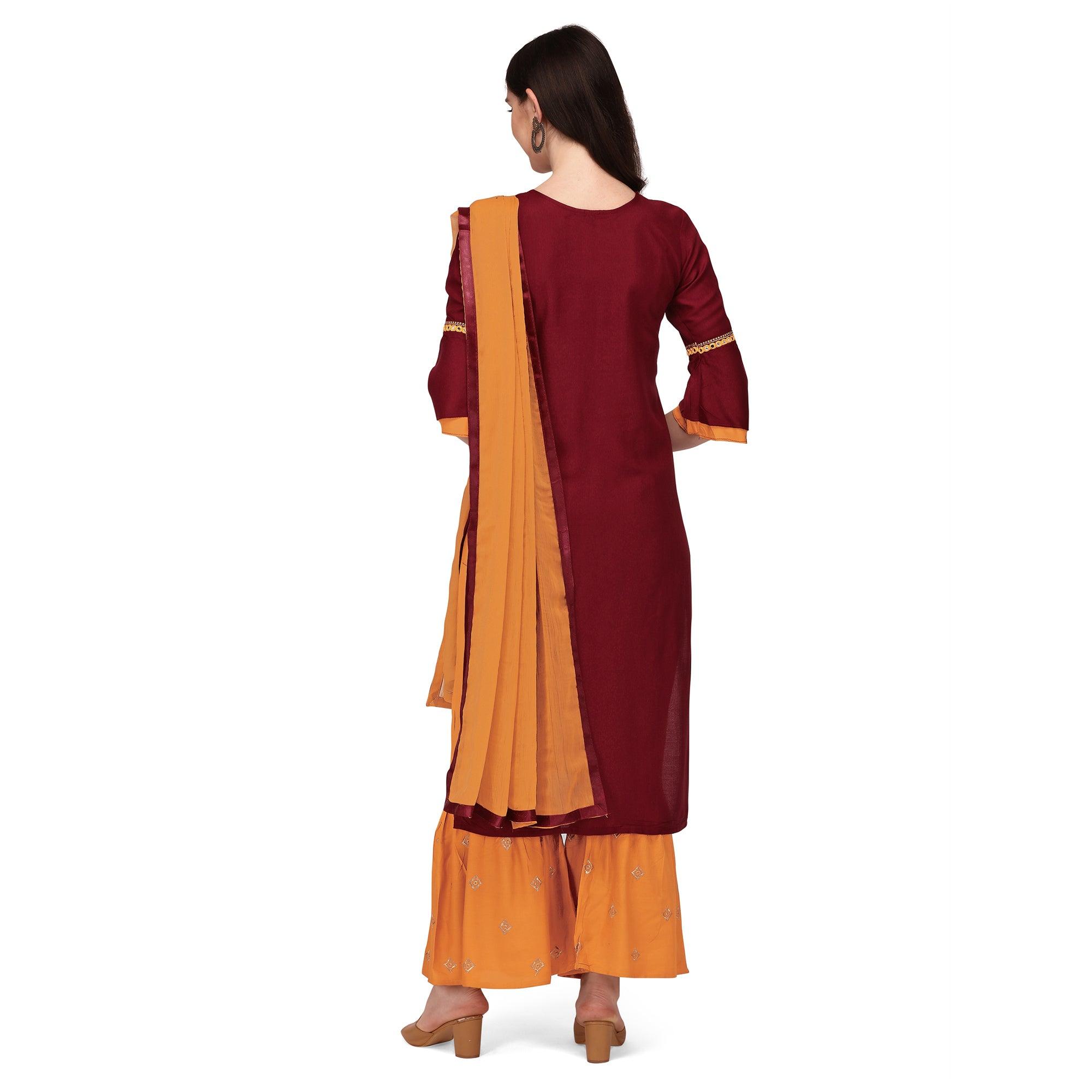 Peachmode Seller Maroon Embroidered Rayon Palazzo Suit - view 5