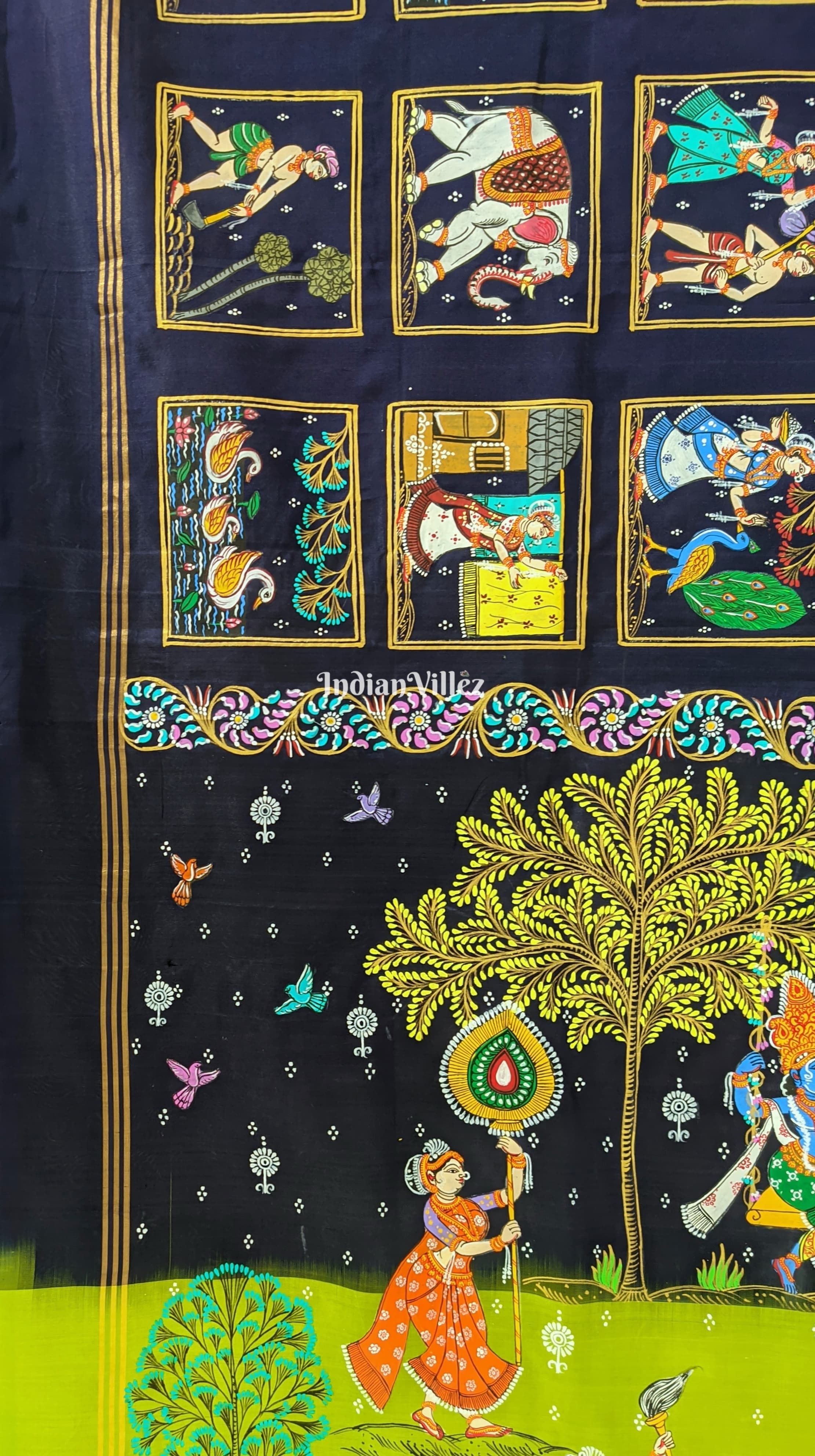 IndianVillèz Navy Blue & Parrot Green Radha Krishna Village Theme Pattachitra Saree - view 3