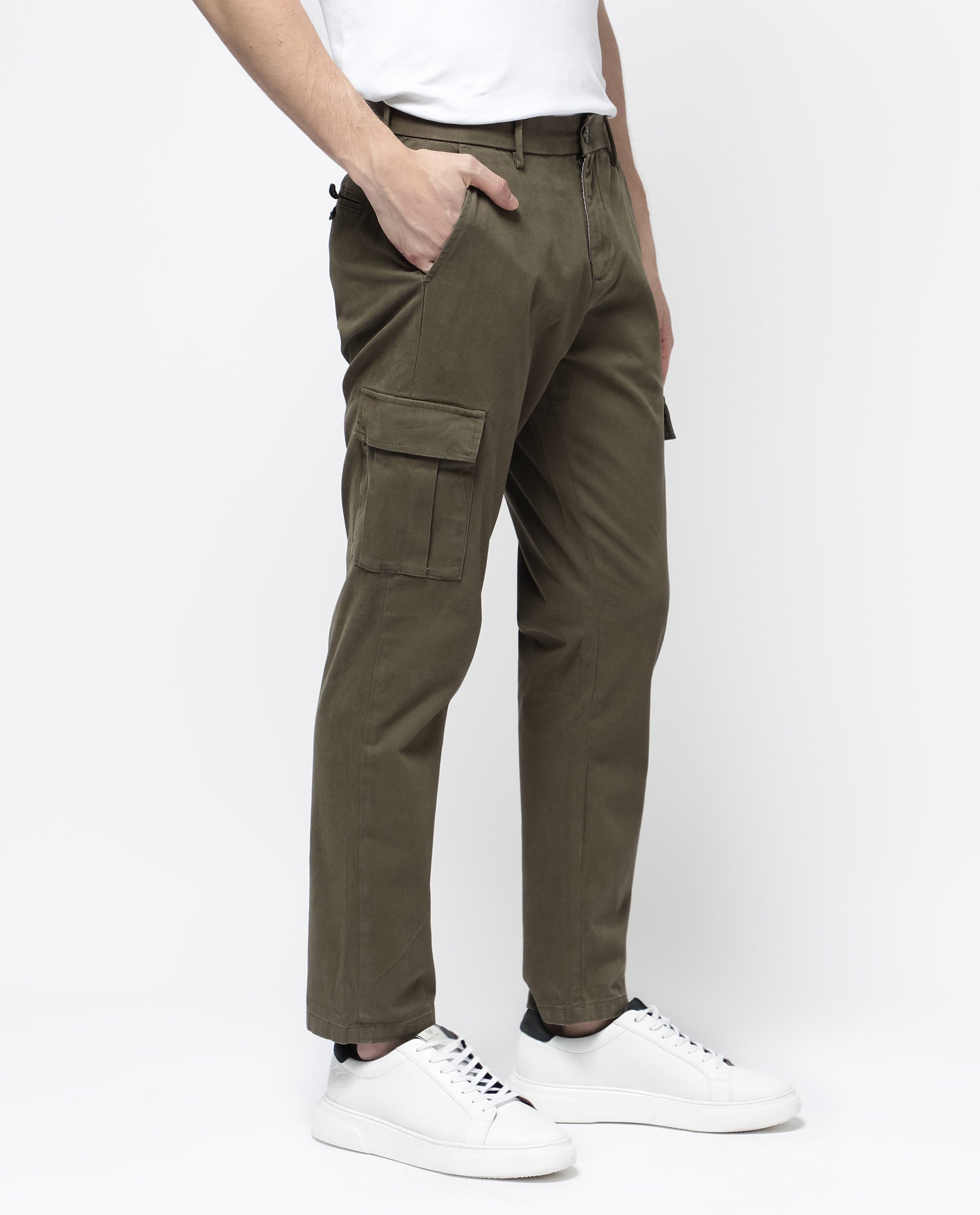 Rare Rabbit Mens Apex Olive Cotton Linen Solid Cargo Style Regular Fit Trouser - view 7
