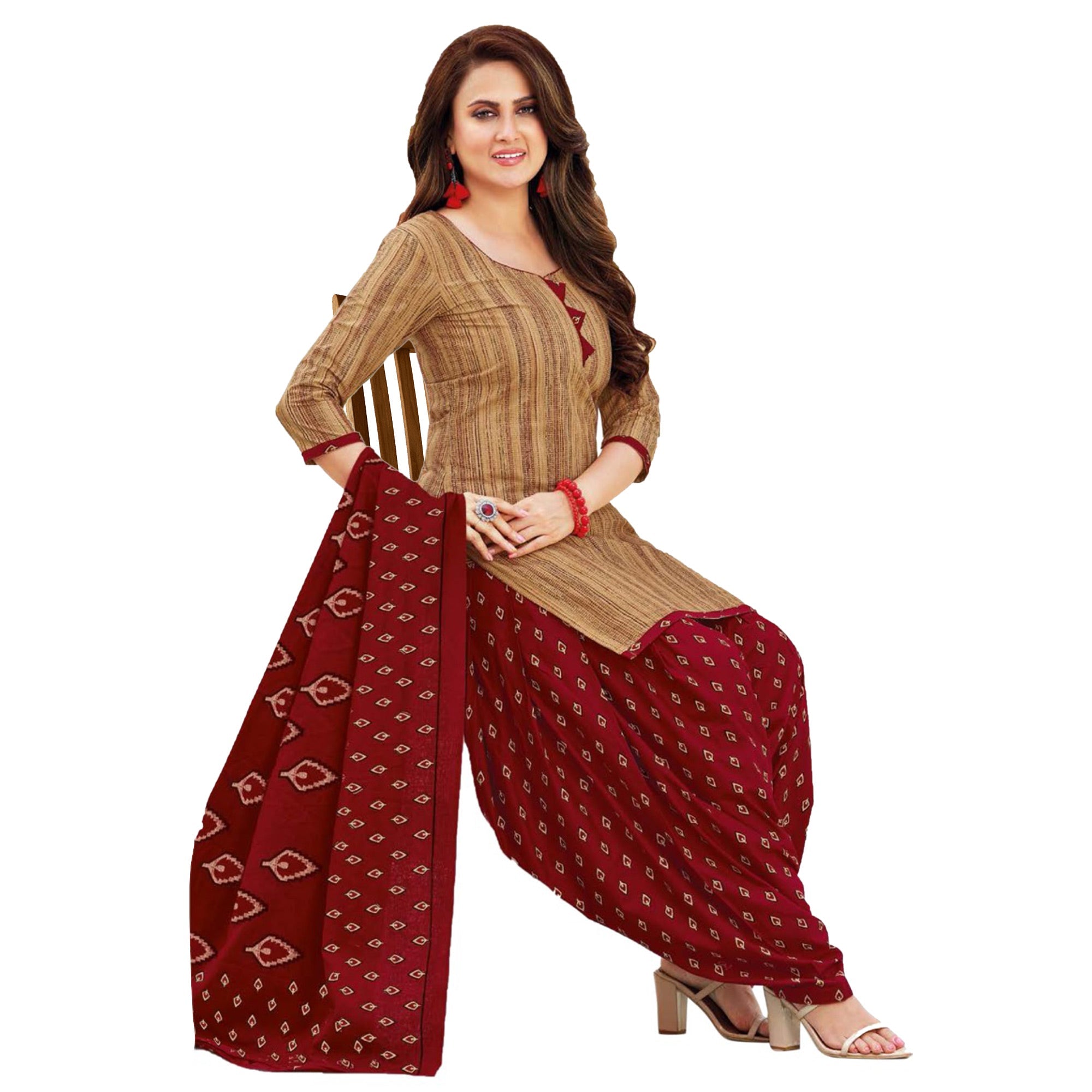Peachmode Brown Printed Crepe Patiala Dress Material