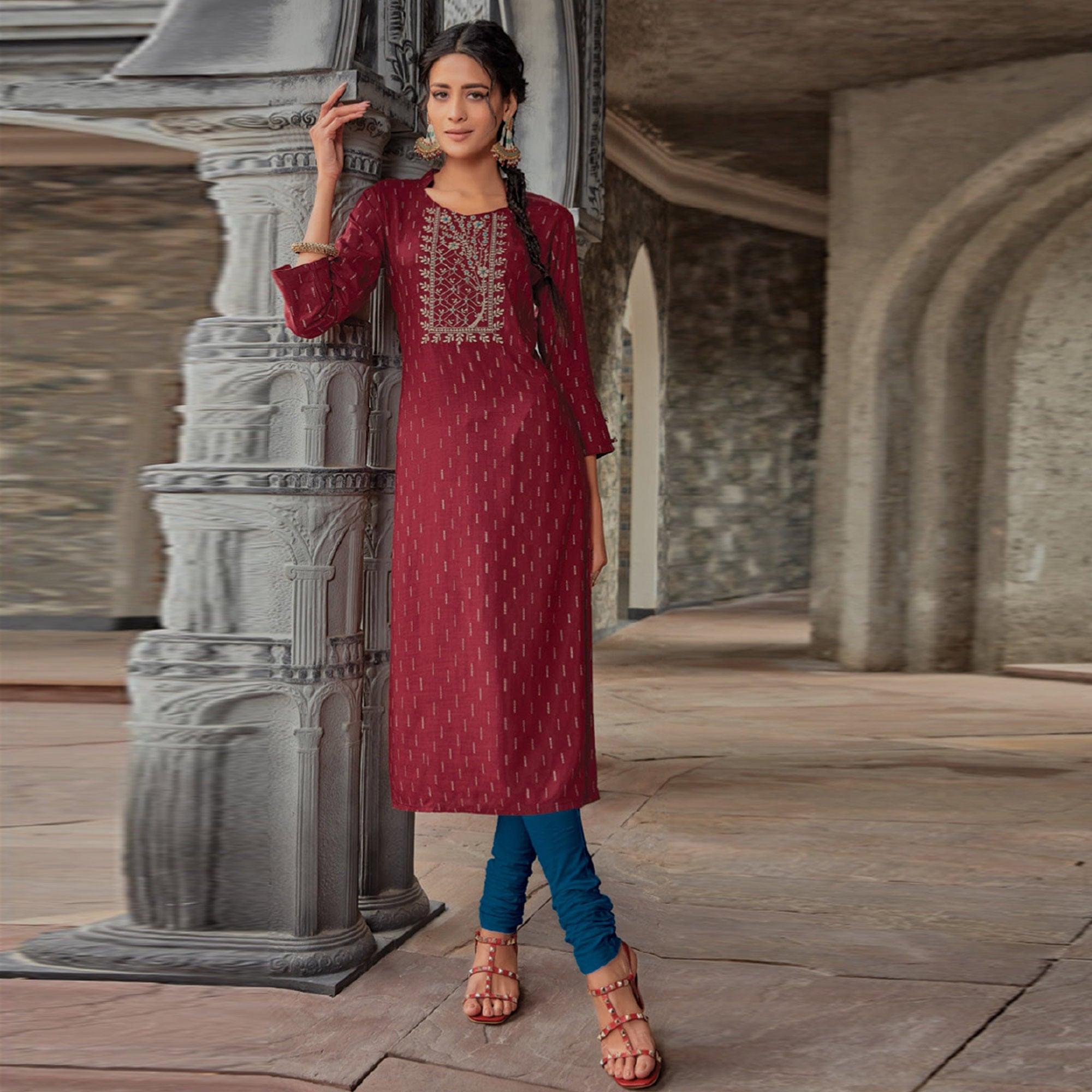 Peachmode Seller Maroon Printed With Embroidered Pure Cotton Kurti - view 2