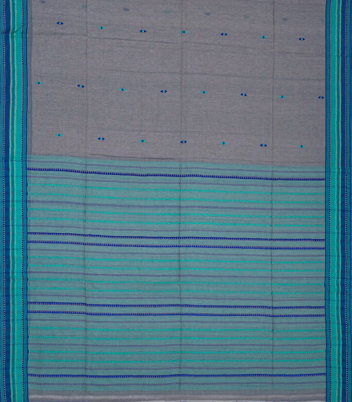 RmKV Grey Handloom Bengal Cotton Saree With Blue Border - view 2
