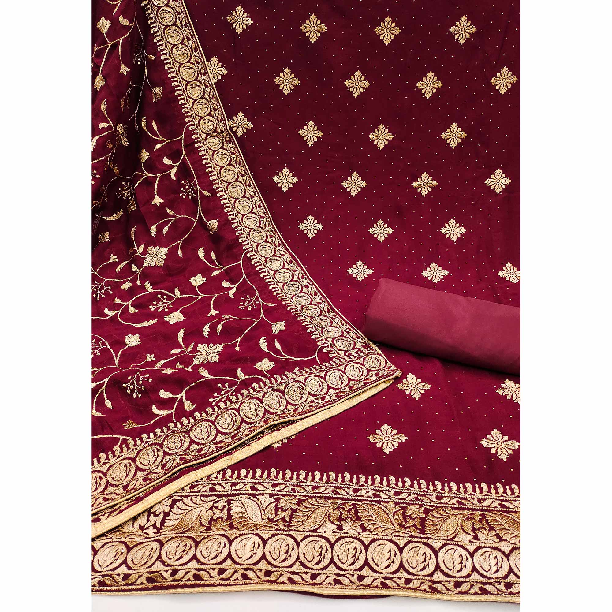 Peachmode Maroon Floral Embroidered Chinon Dress Material - view 3