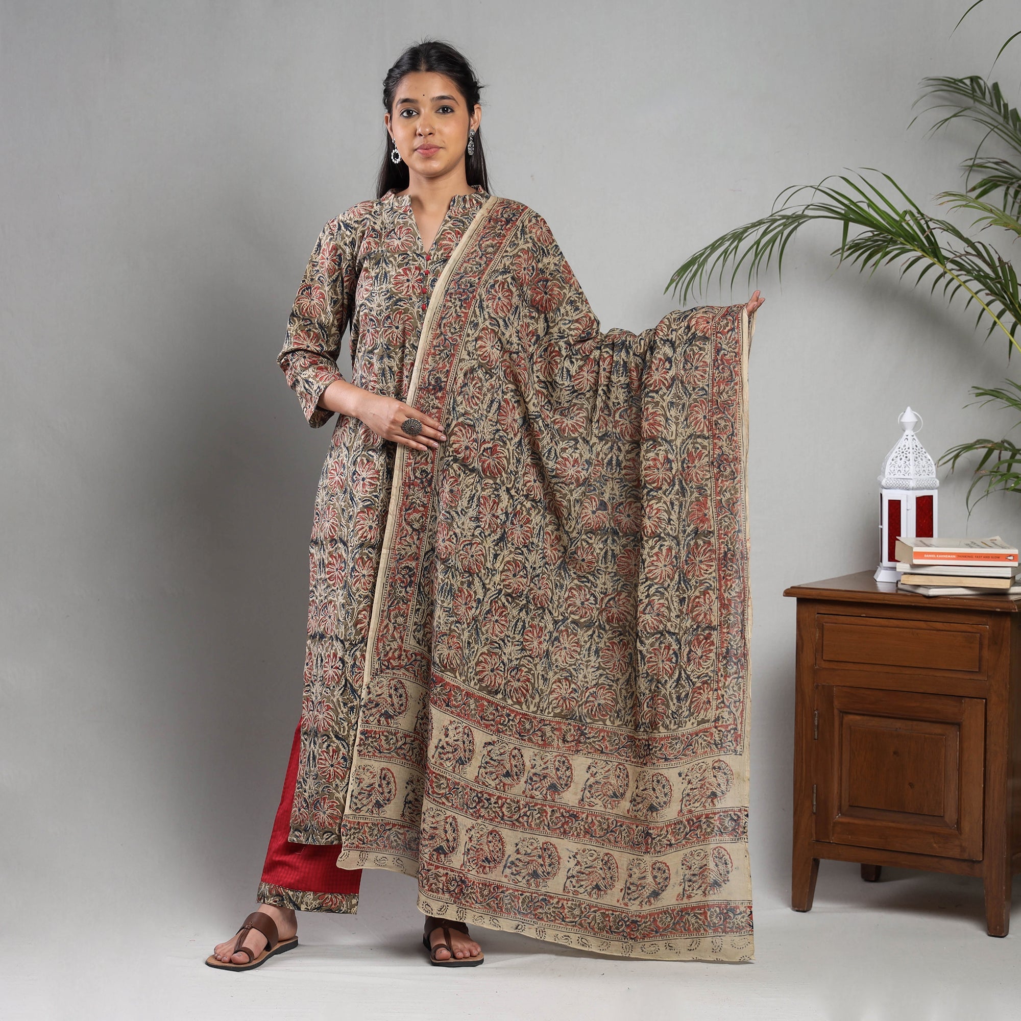 ITOKRI CASUALS Brown - Kalamkari Block Printing Cotton Kurta with Palazzo & Dupatta Set