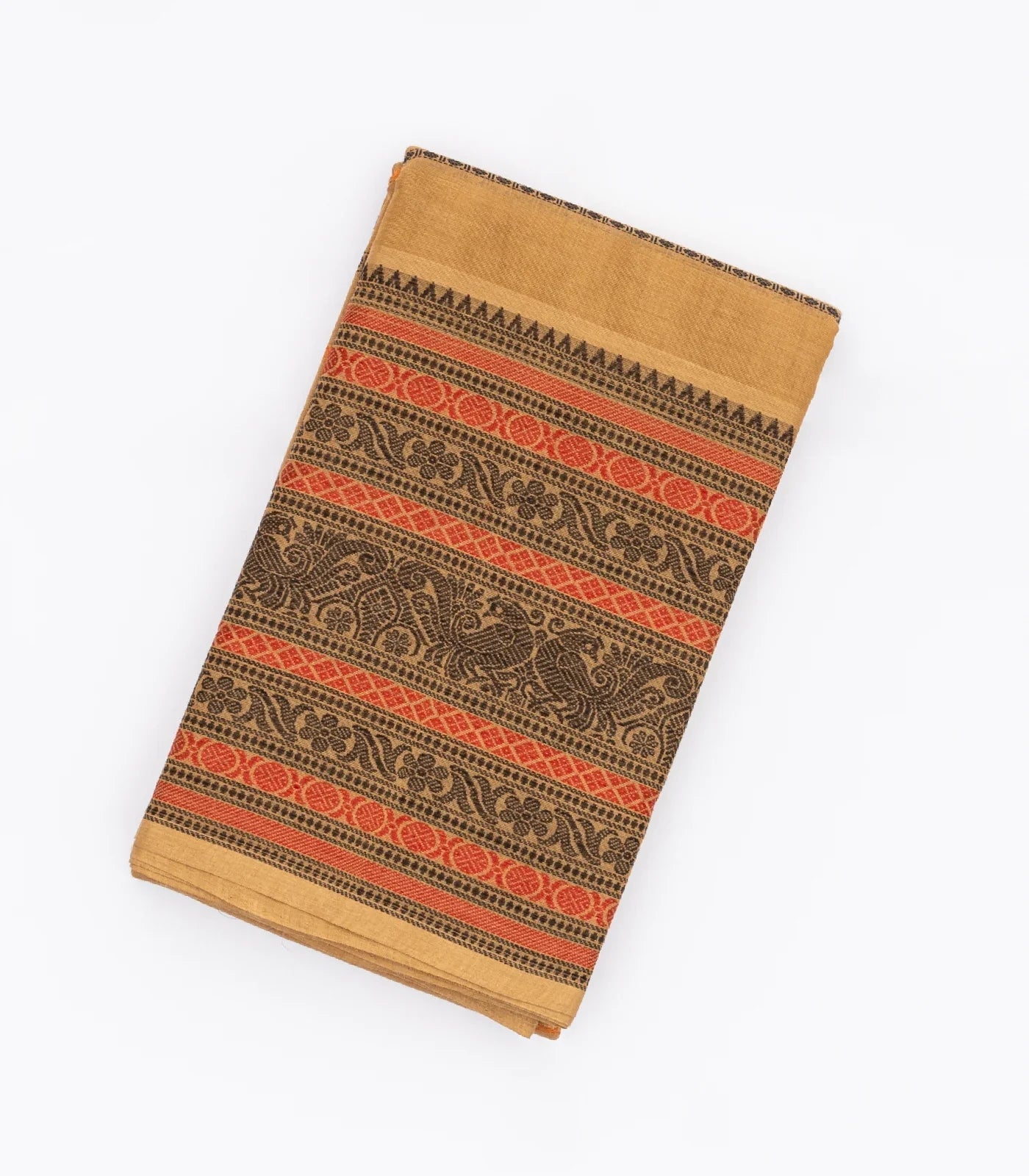 RmKV Beige Handloom Kanchi Cotton Saree With Rudraksham Stripes