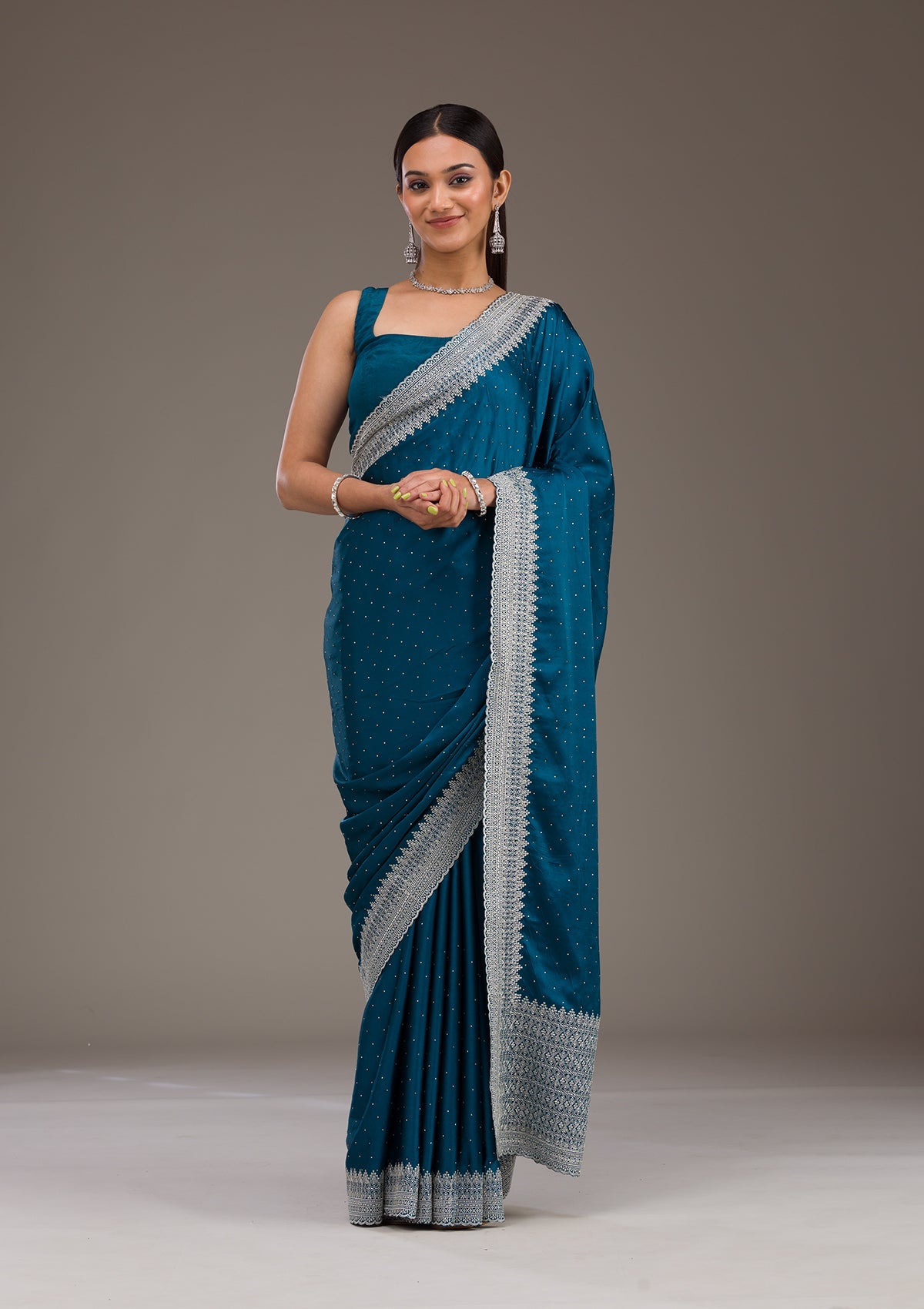Koskii Peacock Blue Stonework Satin Saree – Women's - view 3