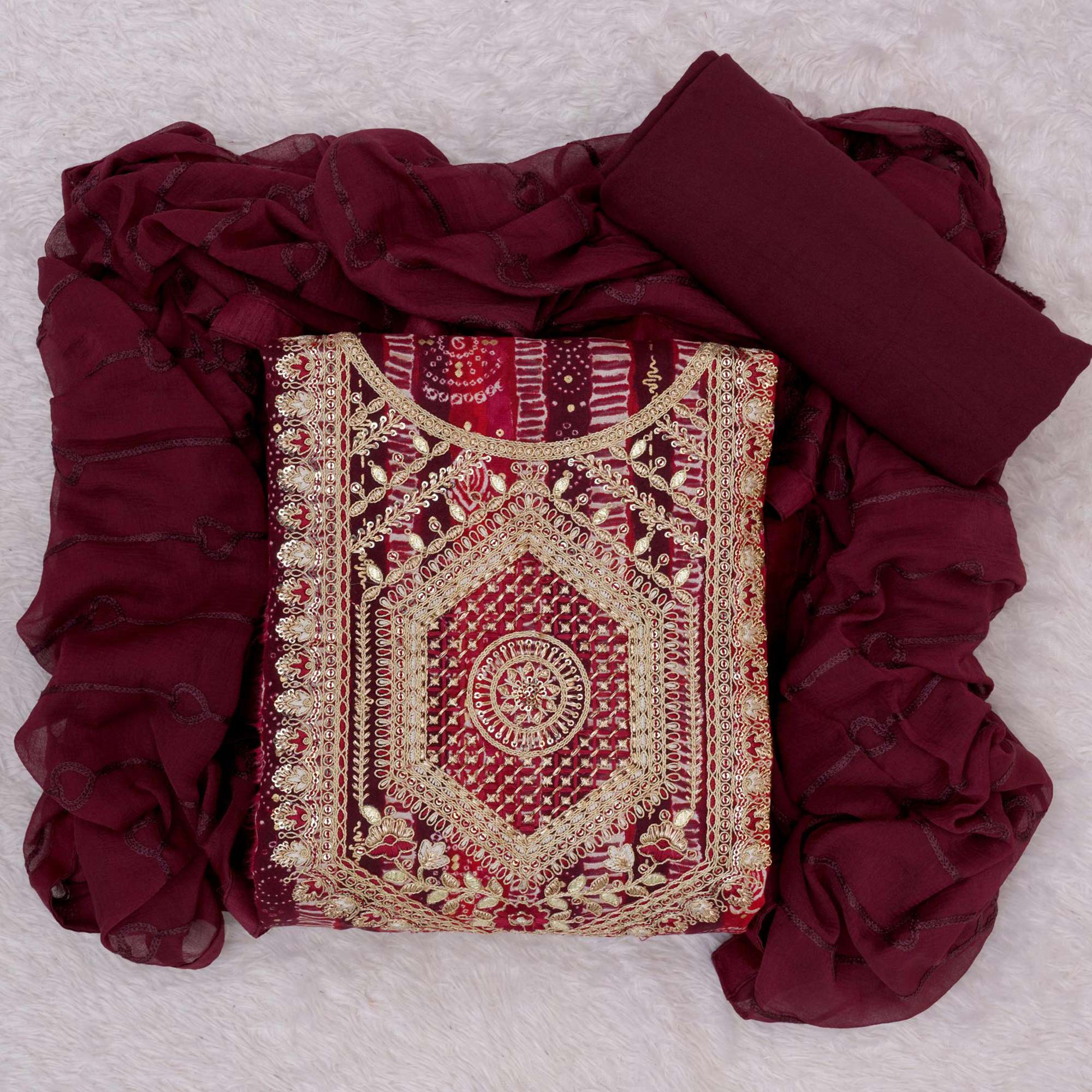 Peachmode Maroon Bandhani Printed Rayon Dress Material