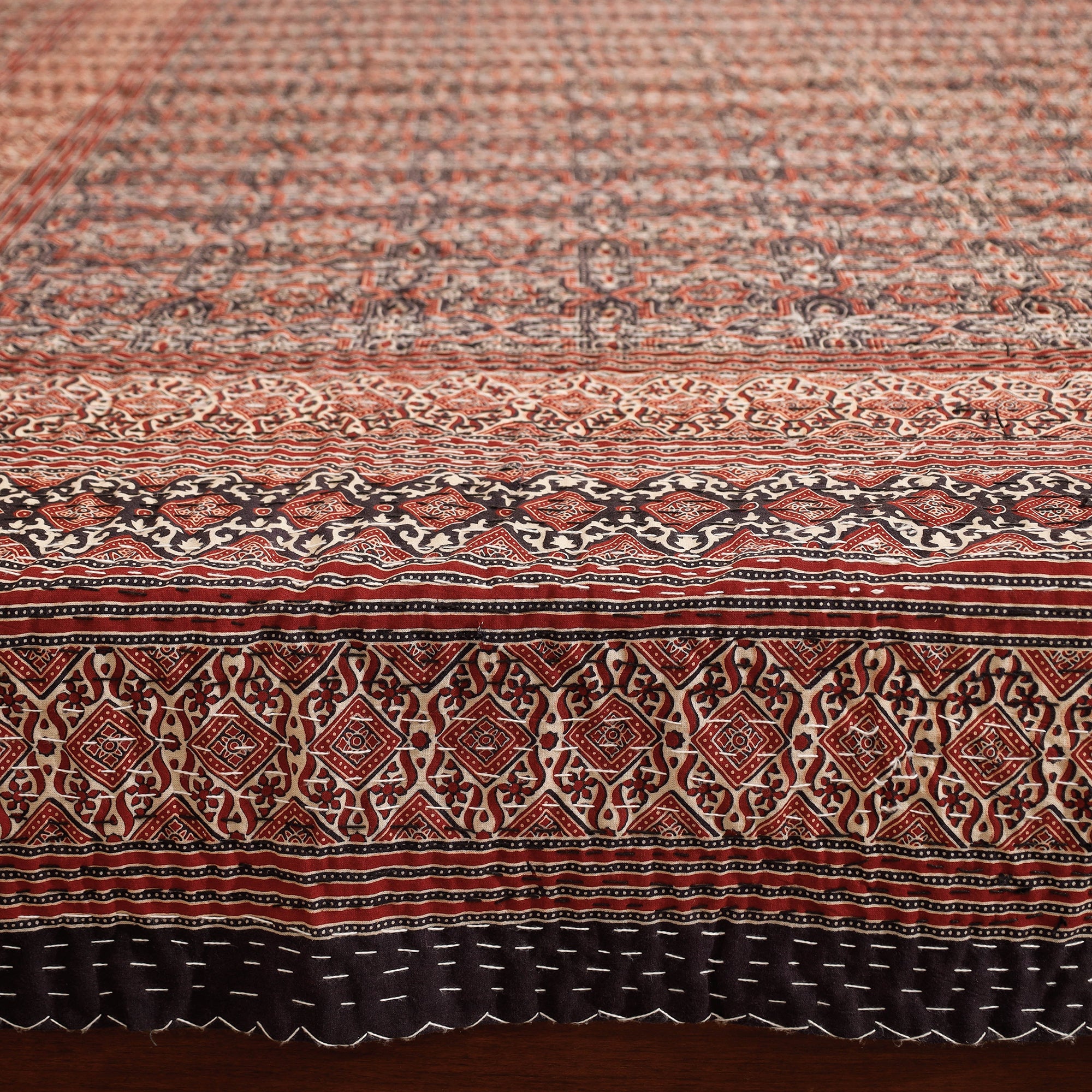 SHADES OF MARUDHARA Brown - Ajrakh Block Printed Kantha Work Cotton Double Bed Cover (105 x 90 in) - view 2