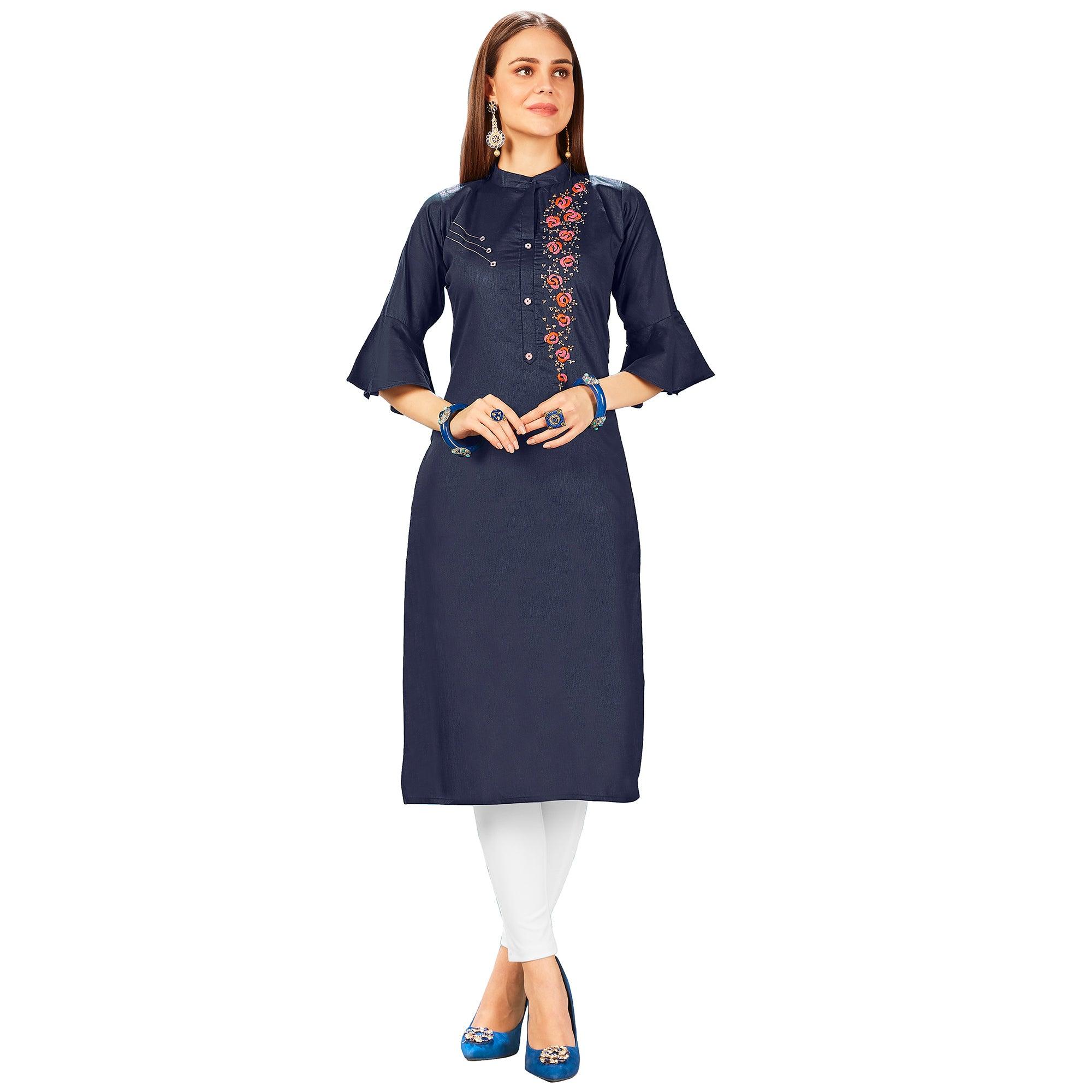 Peachmode Seller Elegant Navy Blue Colored Party Wear Embroidered Jam Cotton Silk Kurti