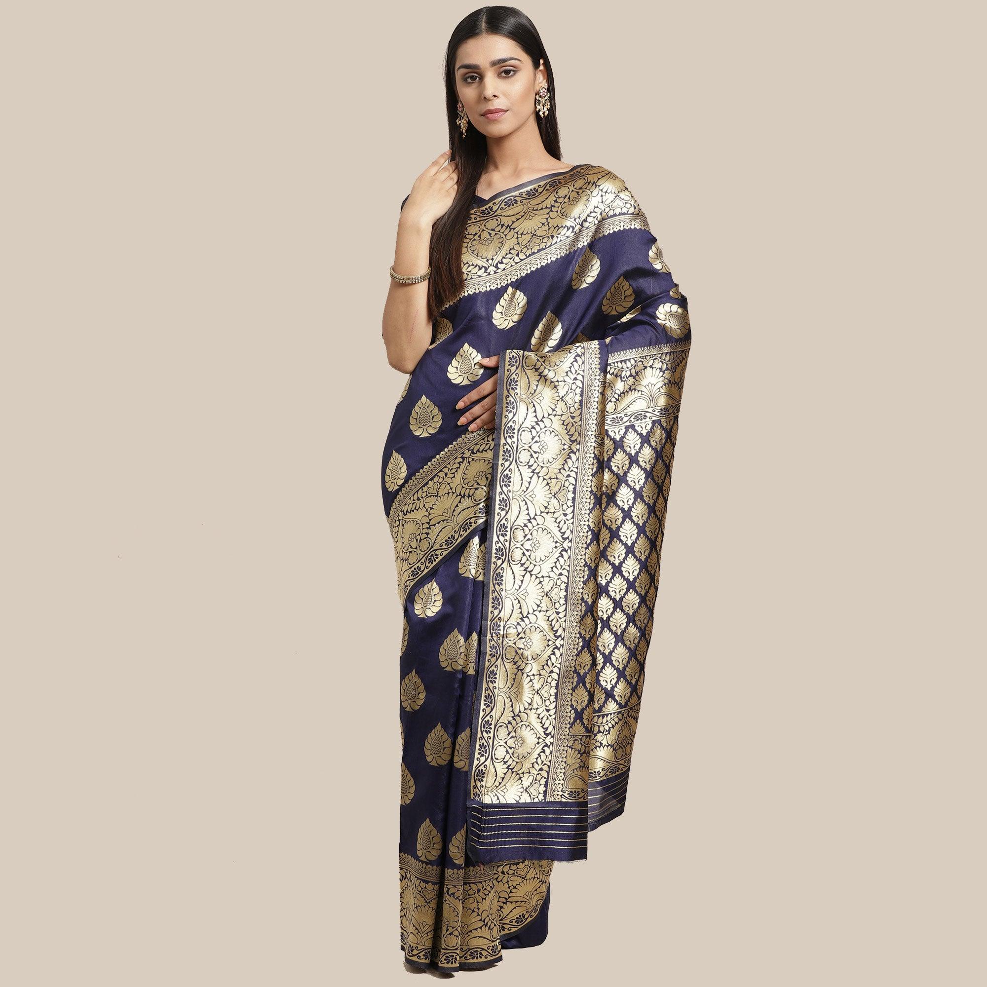 Peachmode Desirable Navy Blue Colored Festive Wear Woven Silk Blend Saree