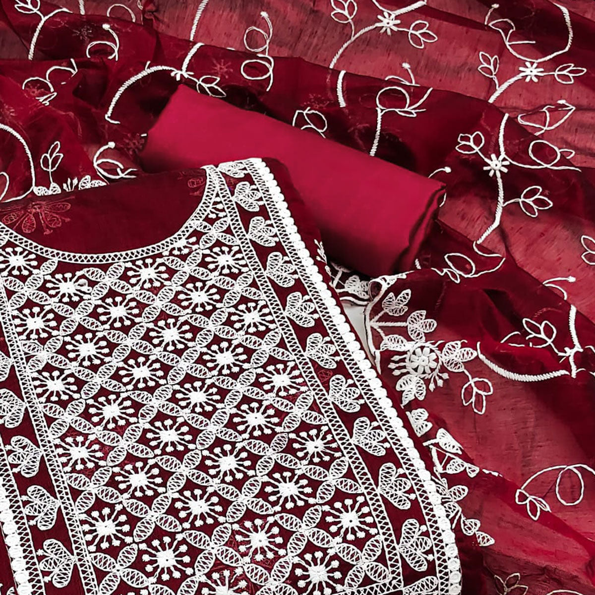 Peachmode Maroon Floral Embroidered Chanderi Dress Material - view 2