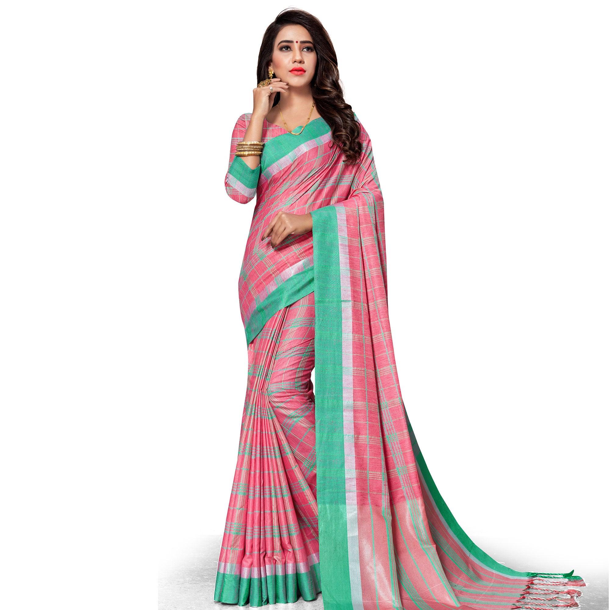 Peachmode Engrossing Pink Colored Fesive Wear Stripe Print Cotton Silk Saree With Tassels