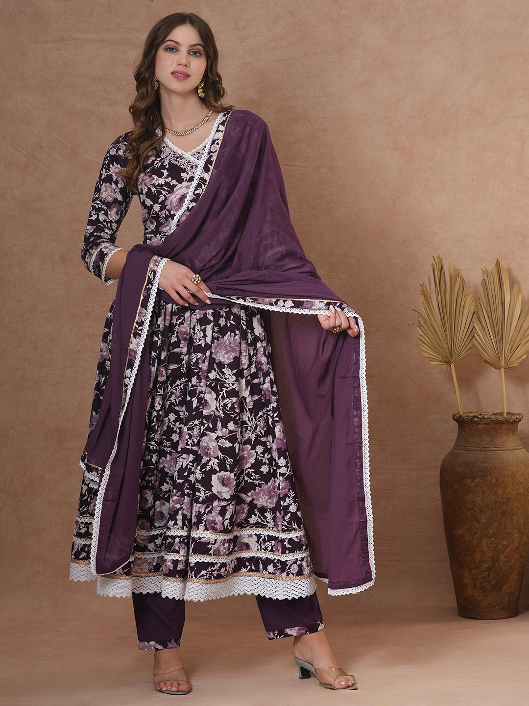 FASHOR Floral Printed & Hand Embroidered Anarkali Kurta with Pant & Dupatta - Deep Purple