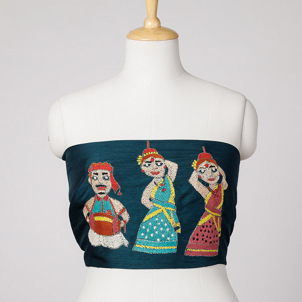 ITOKRI CRAFTS INITIATIVE Blue - Bengal Kantha Embroidered Raw Silk Blouse Piece
