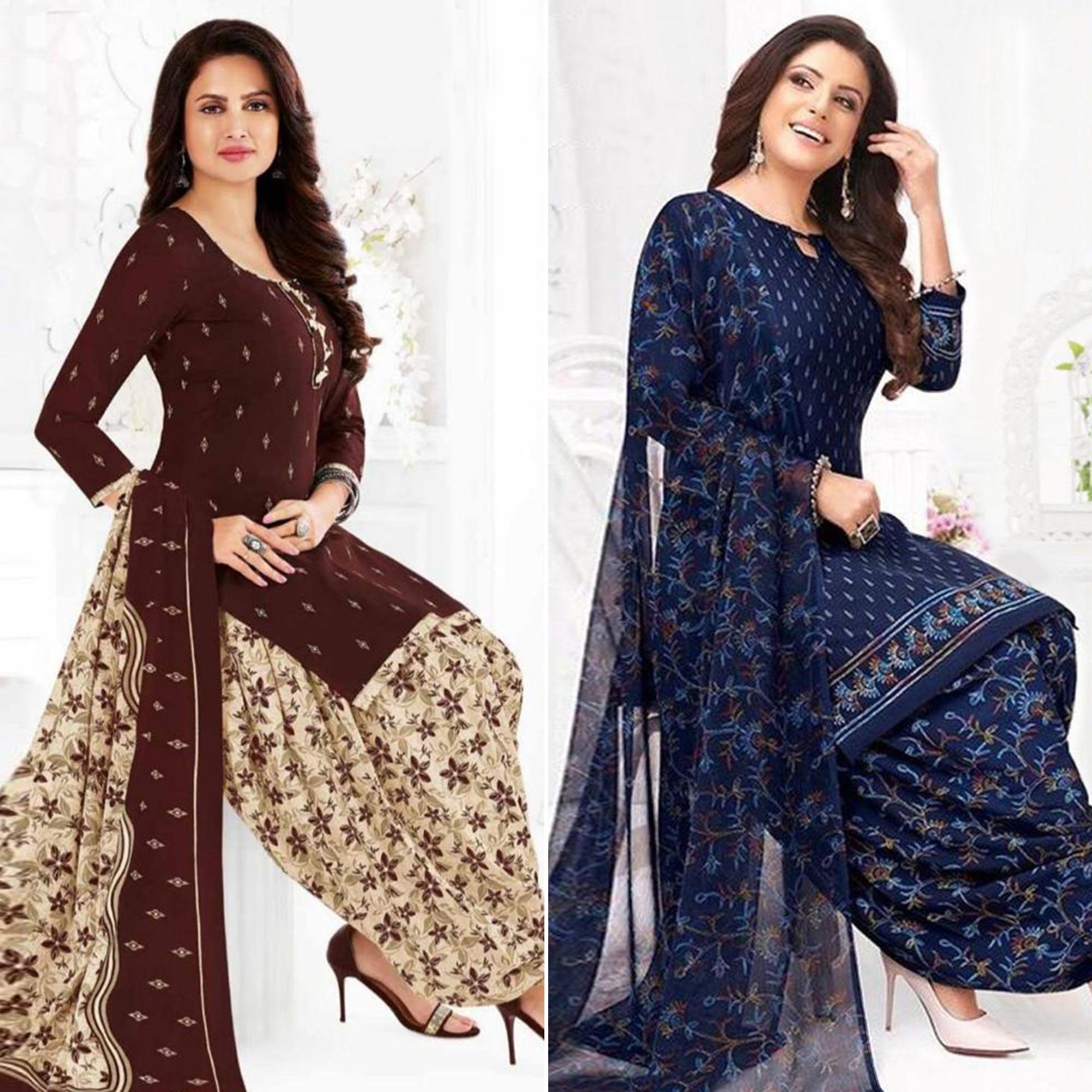 Peachmode Brown And Blue Patiala Crepe Dress Material Pack Of 2