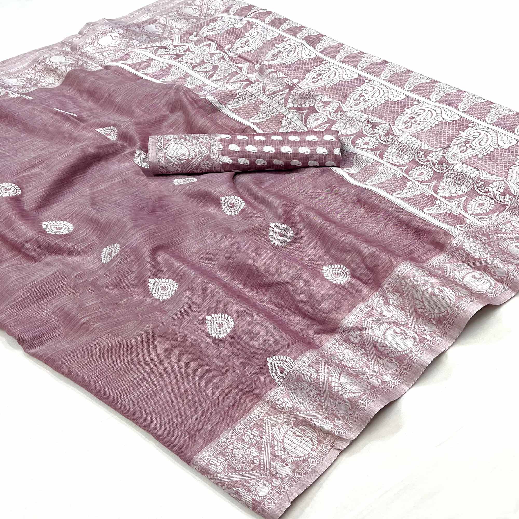 Peachmode Mauve Woven Linen Saree – Women's
