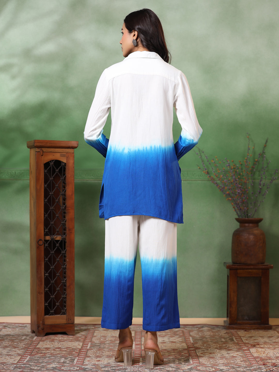 FASHOR Ombre Dyed & Embroidered Straight Fit Co-ord Set with a Neckpiece - Blue - view 7