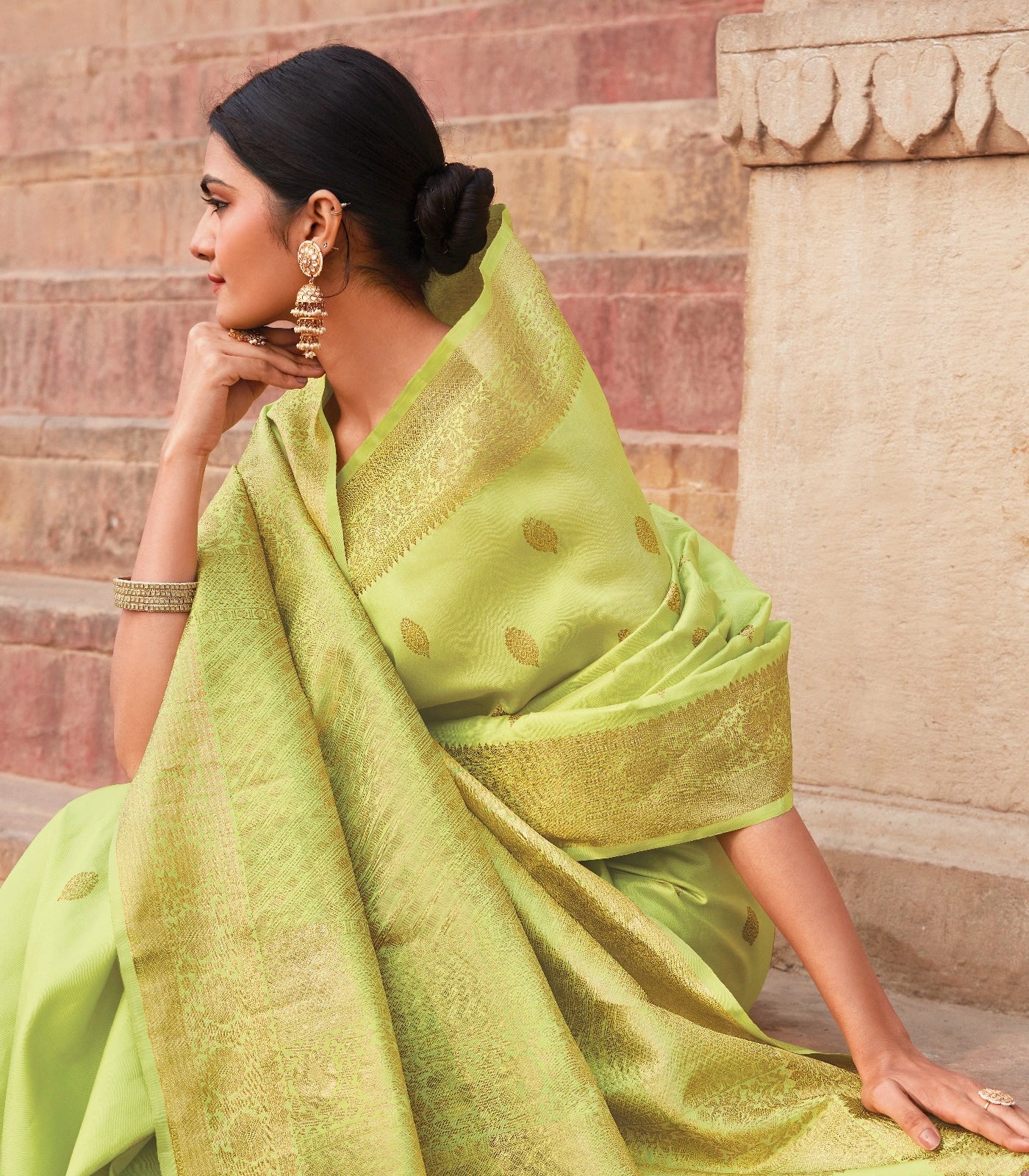 RmKV Silks Pista Green Handloom Kanchipuram Silk Saree With Floral Motifs