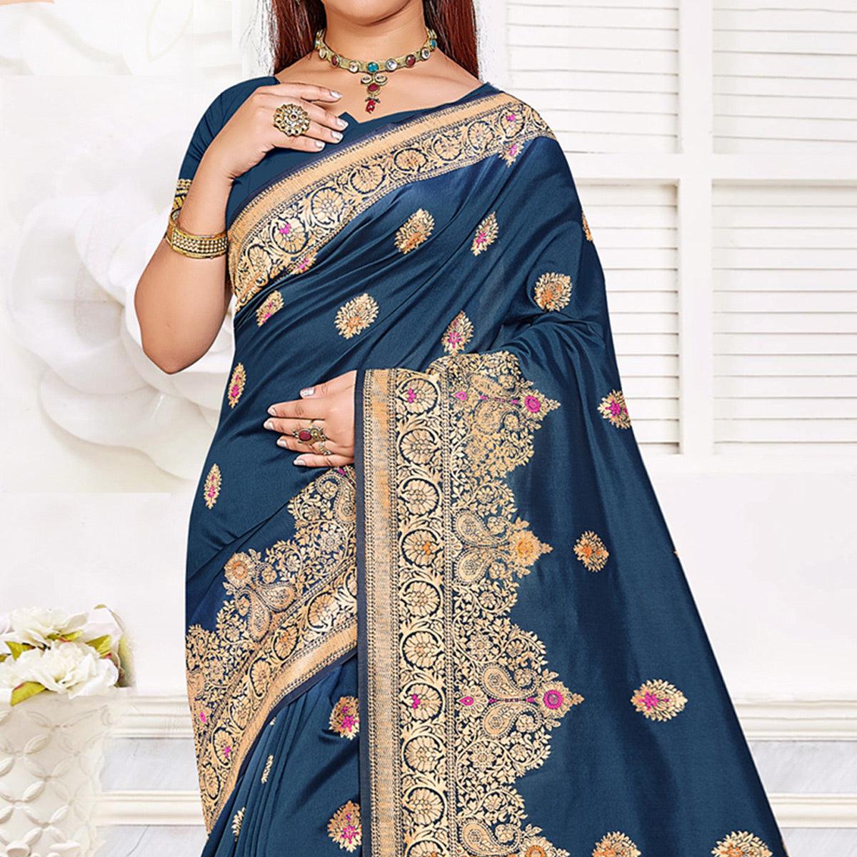 Peachmode Dark Blue Festive Wear Woven Jari Border Soft Silk Saree - view 2
