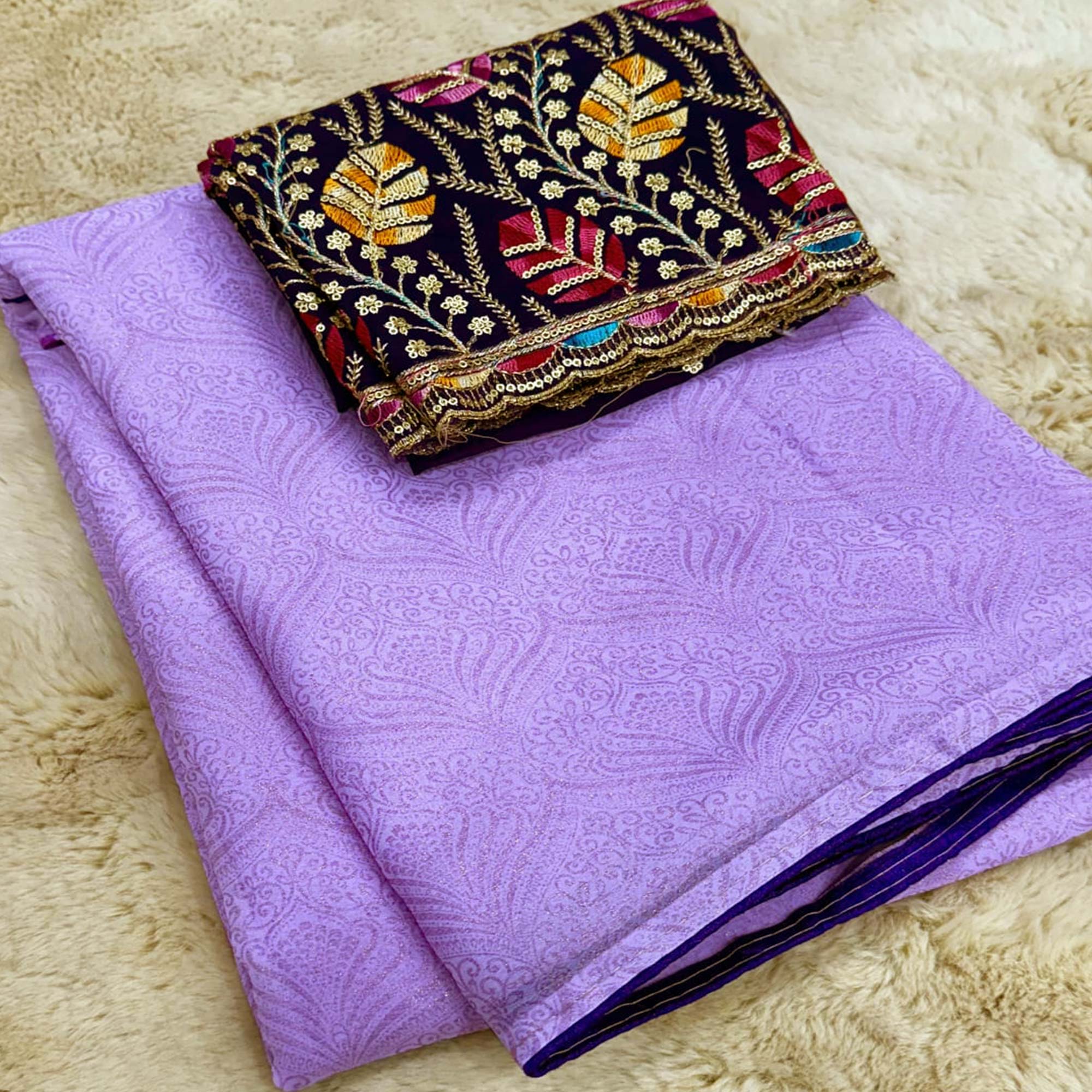 Peachmode Lavender Floral Printed Georgette Saree
