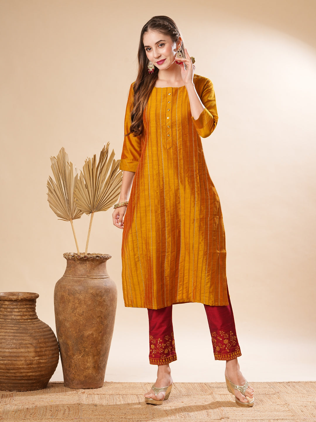 Fashor Solid Pin-Tucks Kurta with Resham & Sequins Embroidered Pants - Mustard - view 3