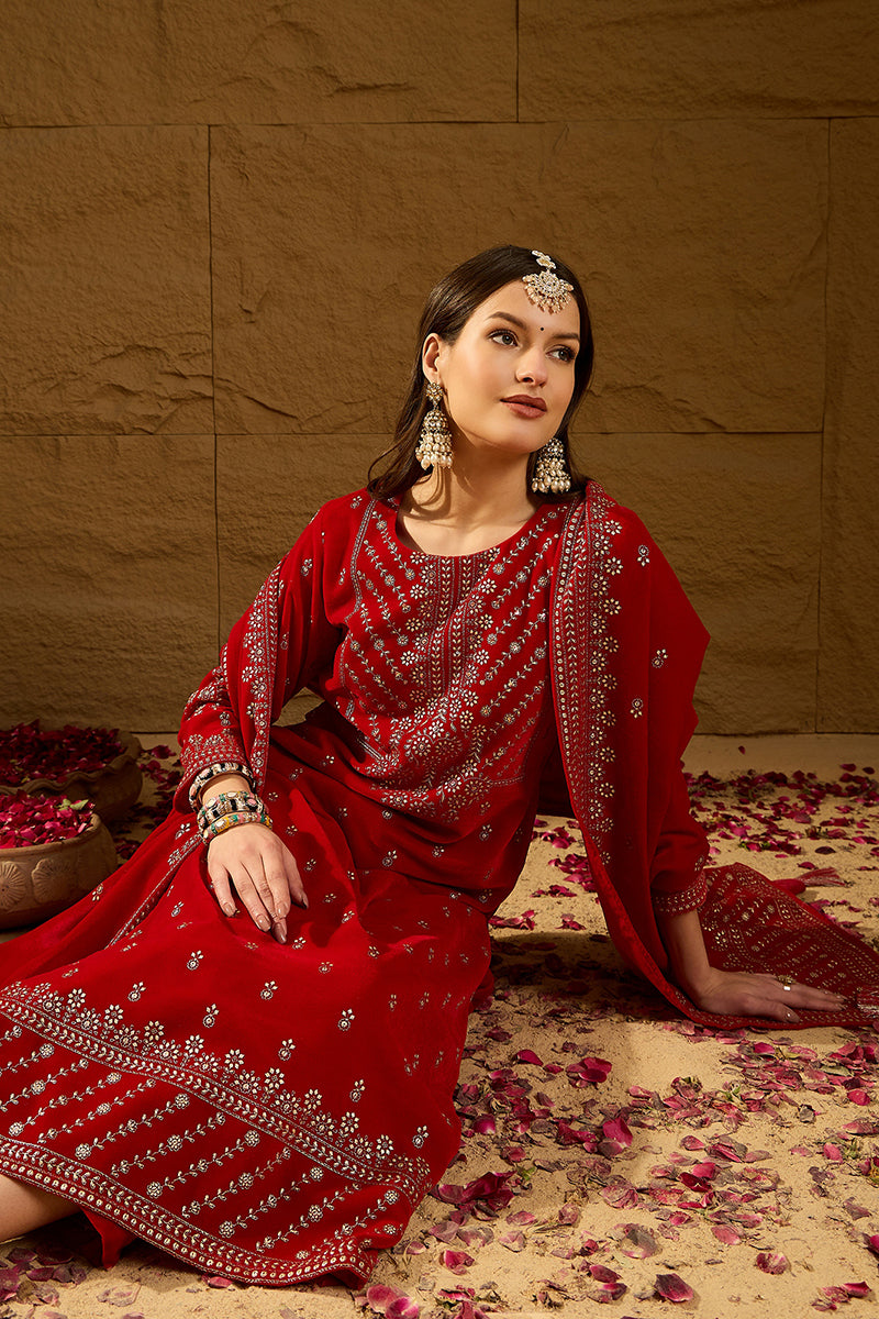 Ahika Red Velvet Ethnic Motifs Printed Straight Trousers Suit Set PKSKD2882 - view 2
