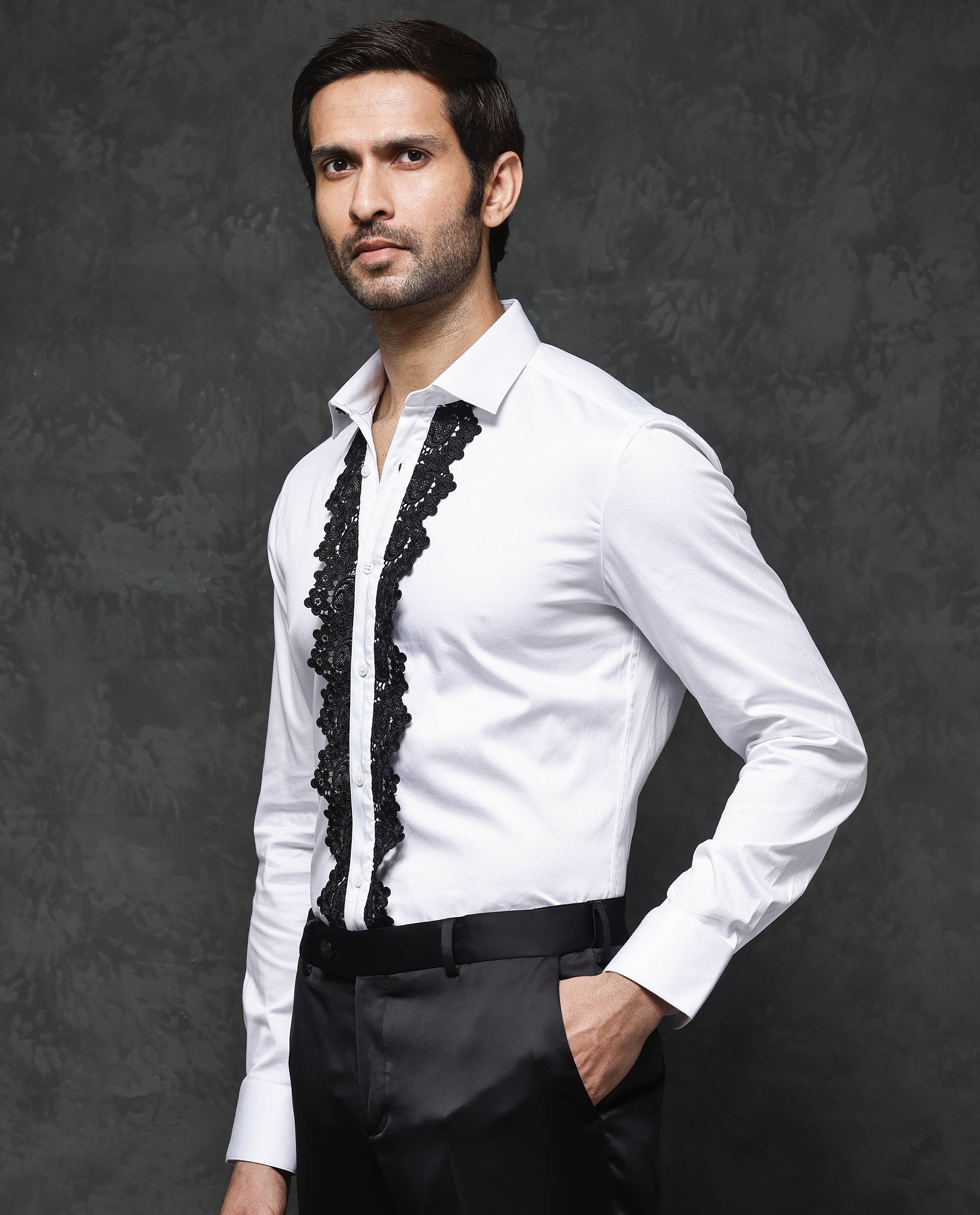 Rare Rabbit Men's Tapeon White Collared Neck Solid Lace Embellished Regular Fit Shirt - view 10