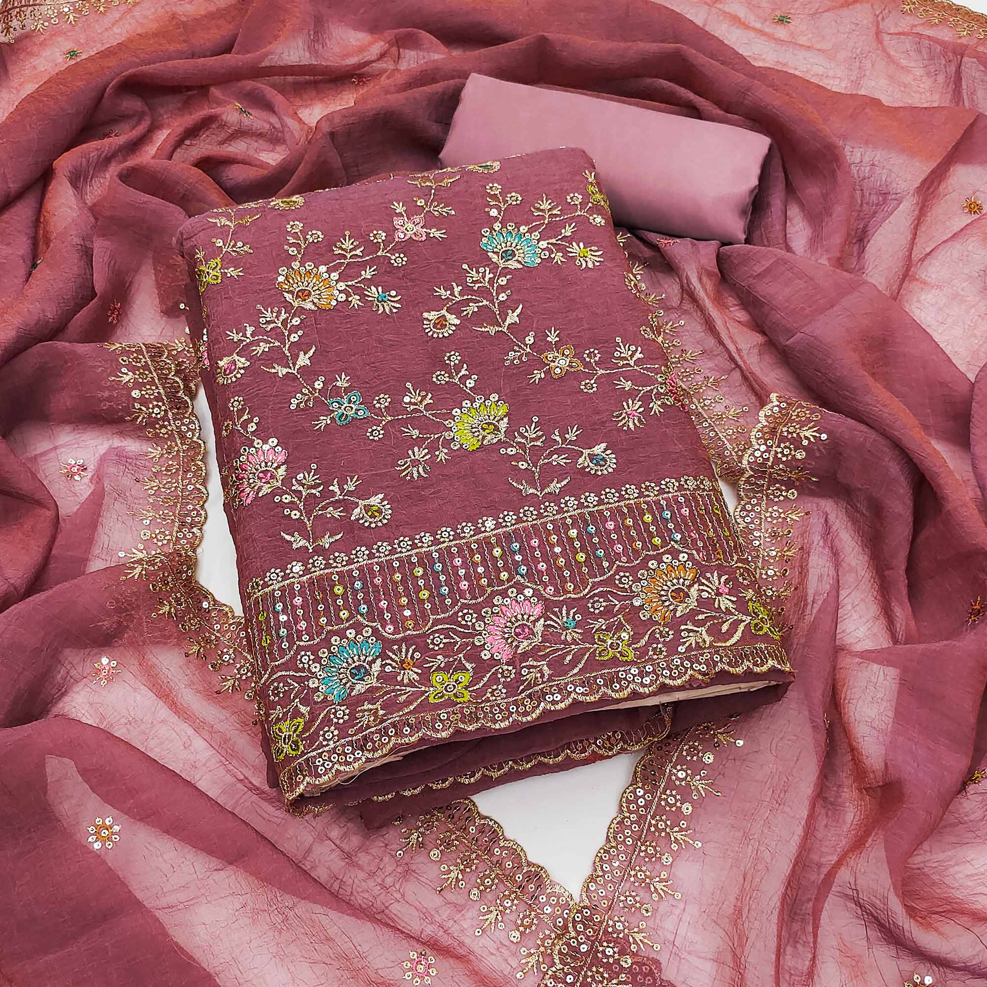 Peachmode Dusty Rose Pink Floral Sequins Embroidered Chiffon Dress Material