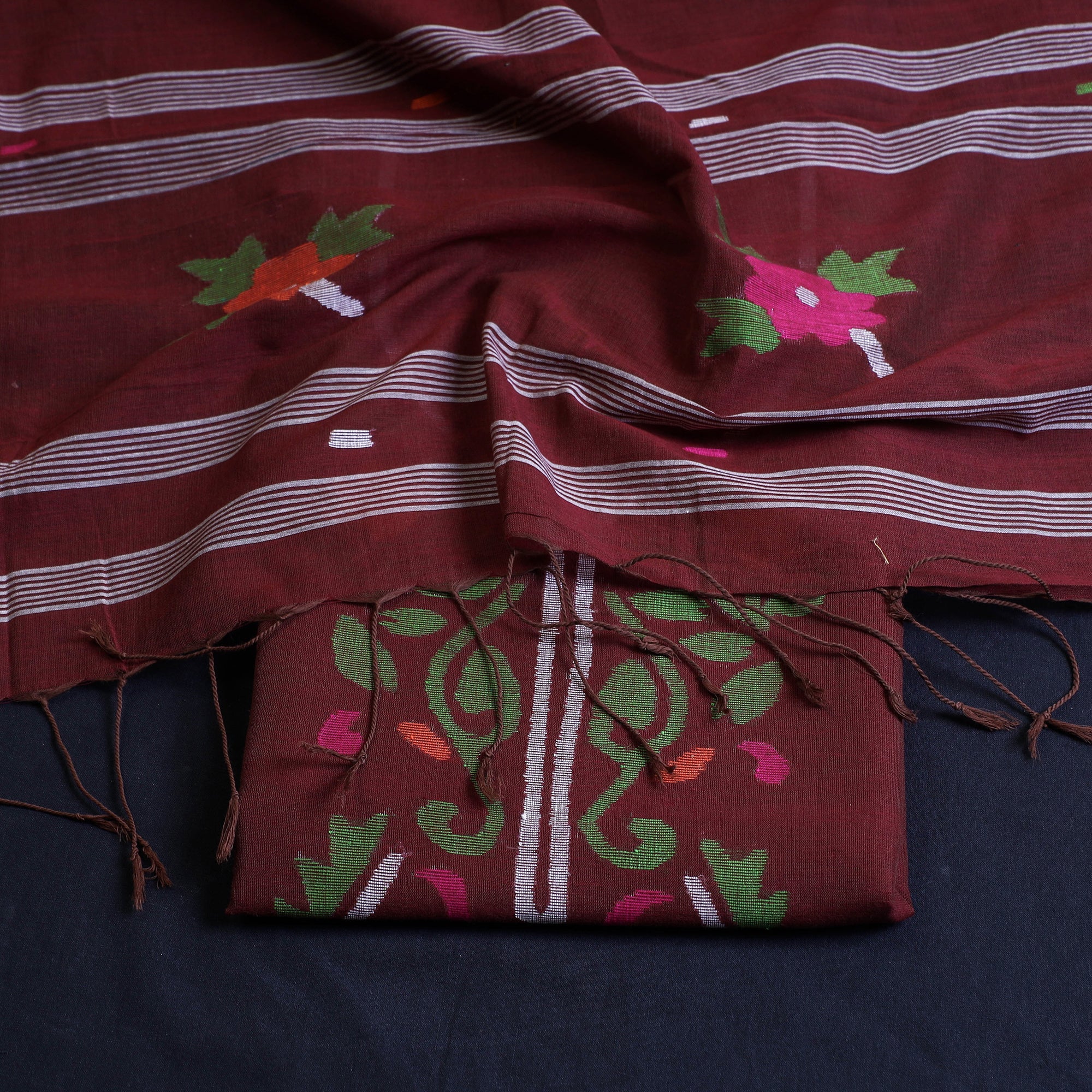 KHUSHBASH - HAPPY LOOM OF EAST Brown - 2pc Phulia Jamdani Weave Handloom Cotton Suit Material Set - view 2