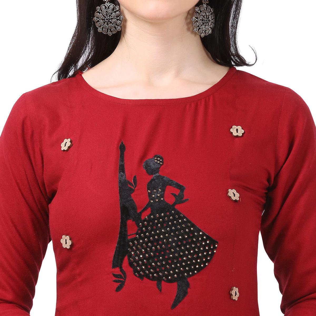 Peachmode Seller Impressive Maroon Colored Partywear Embellished Rayon Kurti - view 3