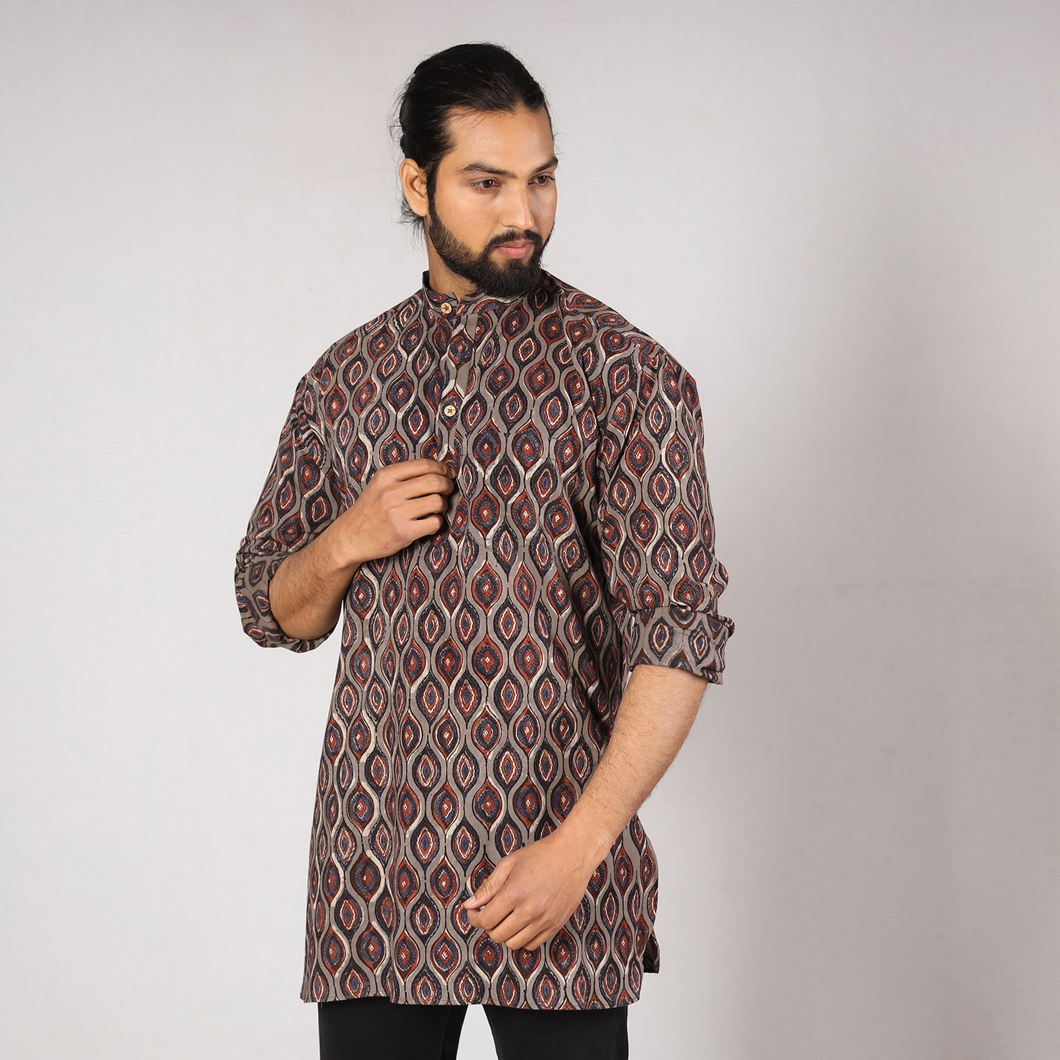ITOKRI CASUALS Brown - Bagru Block Printing Cotton Men Short Kurta - view 2