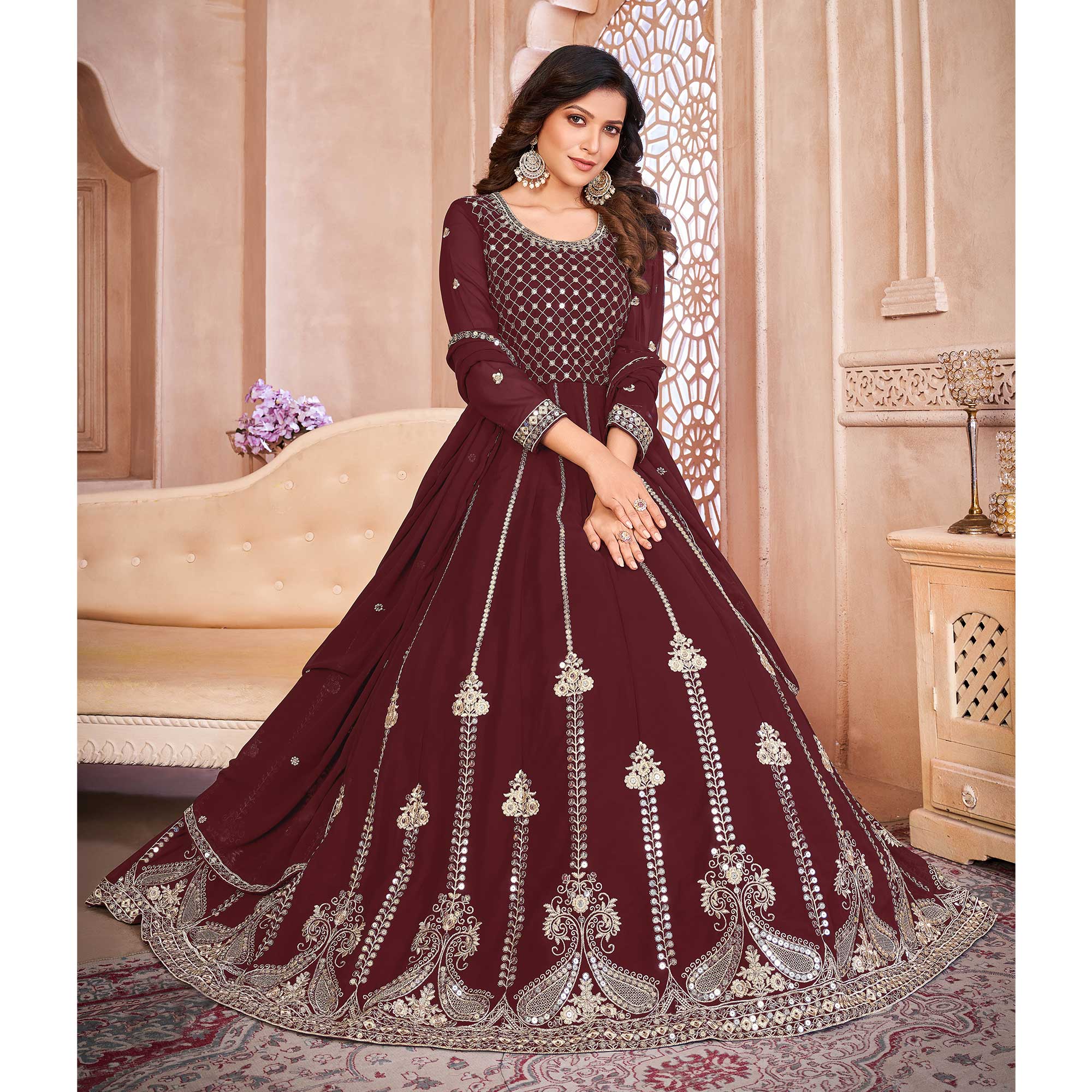 Peachmode Maroon Floral Sequins Embroidered Georgette Semi Stitched Anarkali Suit - view 4