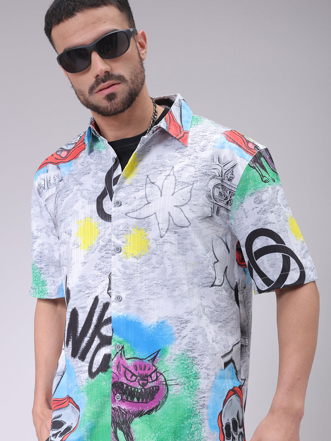 The Indian Garage Co Men's Grey Boxy Fit Character Shirt